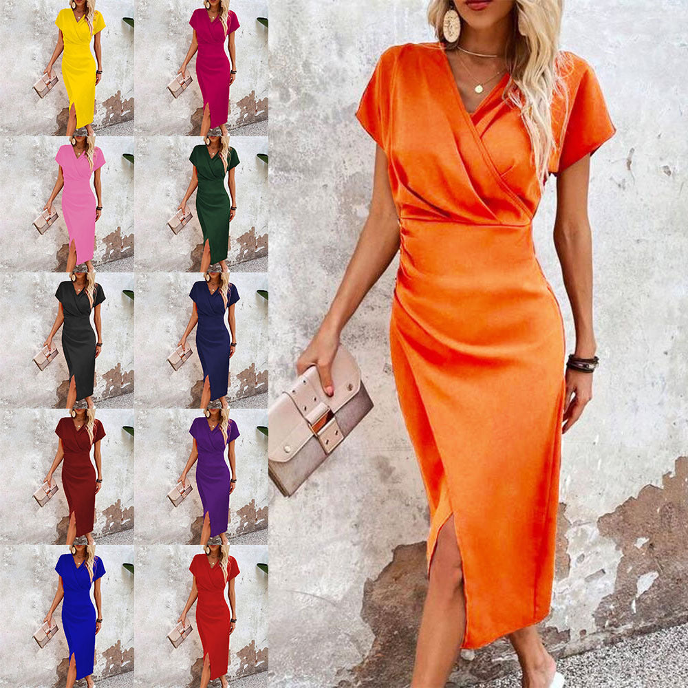 Slim-fit Short-sleeved Dress Fashion Sexy Split V-neck Dress Summer Women's Clothing Gronata