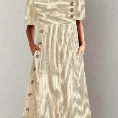 Printed Pocket Button Long Dress Gronata