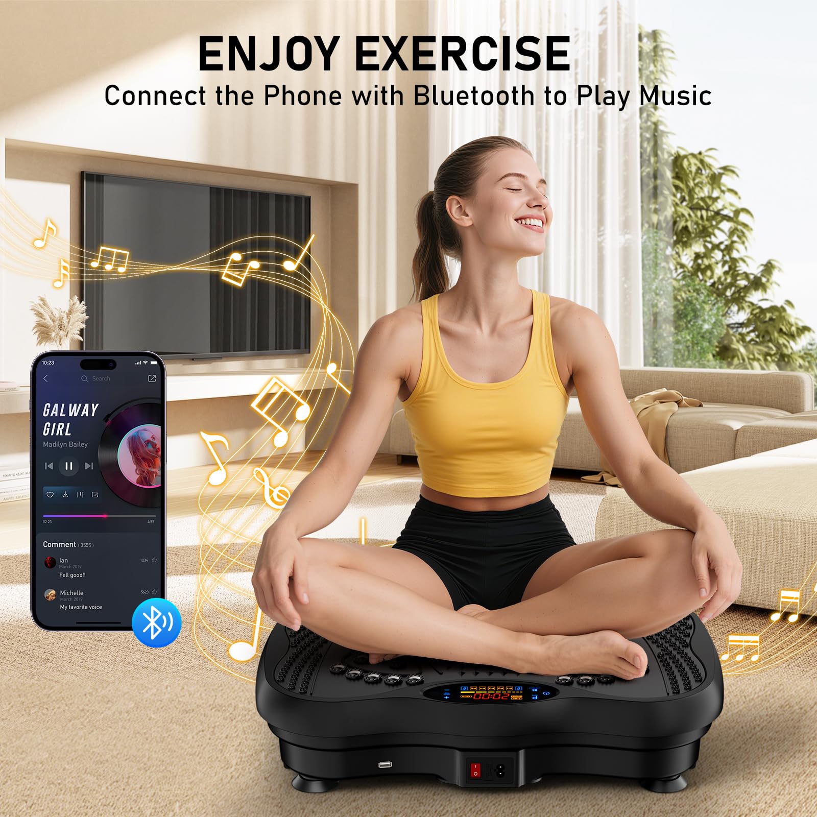 GLYLF Vibration Plate Exercise Machine, 130 Levels Full Body Workout Vibrating Plate for Lymphatic Drainage Weight Loss, 450 Lbs Capacity Shake Platform with Resistance Bands Bluetooth for Women Men Gronata