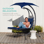 Best Choice Products Outdoor Hanging Curved Steel Chaise Lounge Chair Swing w/Built-in Pillow and Removable Canopy - Navy Blue Gronata