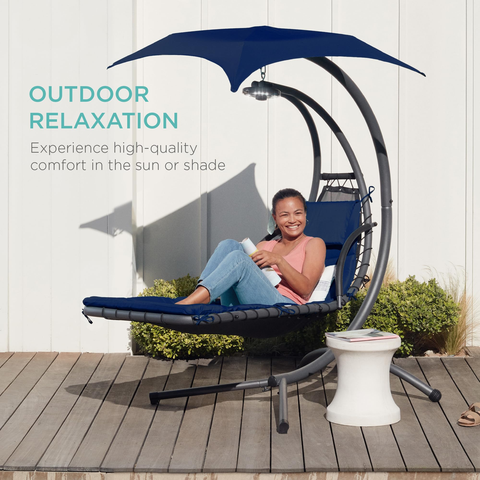 Best Choice Products Outdoor Hanging Curved Steel Chaise Lounge Chair Swing w/Built-in Pillow and Removable Canopy - Navy Blue Gronata
