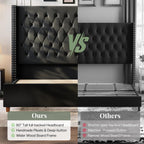 Jocisland Queen Size Bed Frame 61.4" Extra Tall Wingback Headboard Velvet Upholstered Deep Button Tufted Platform Bed with Solid Wood Legs & Wood Slats, No Box Spring Needed, Black Gronata