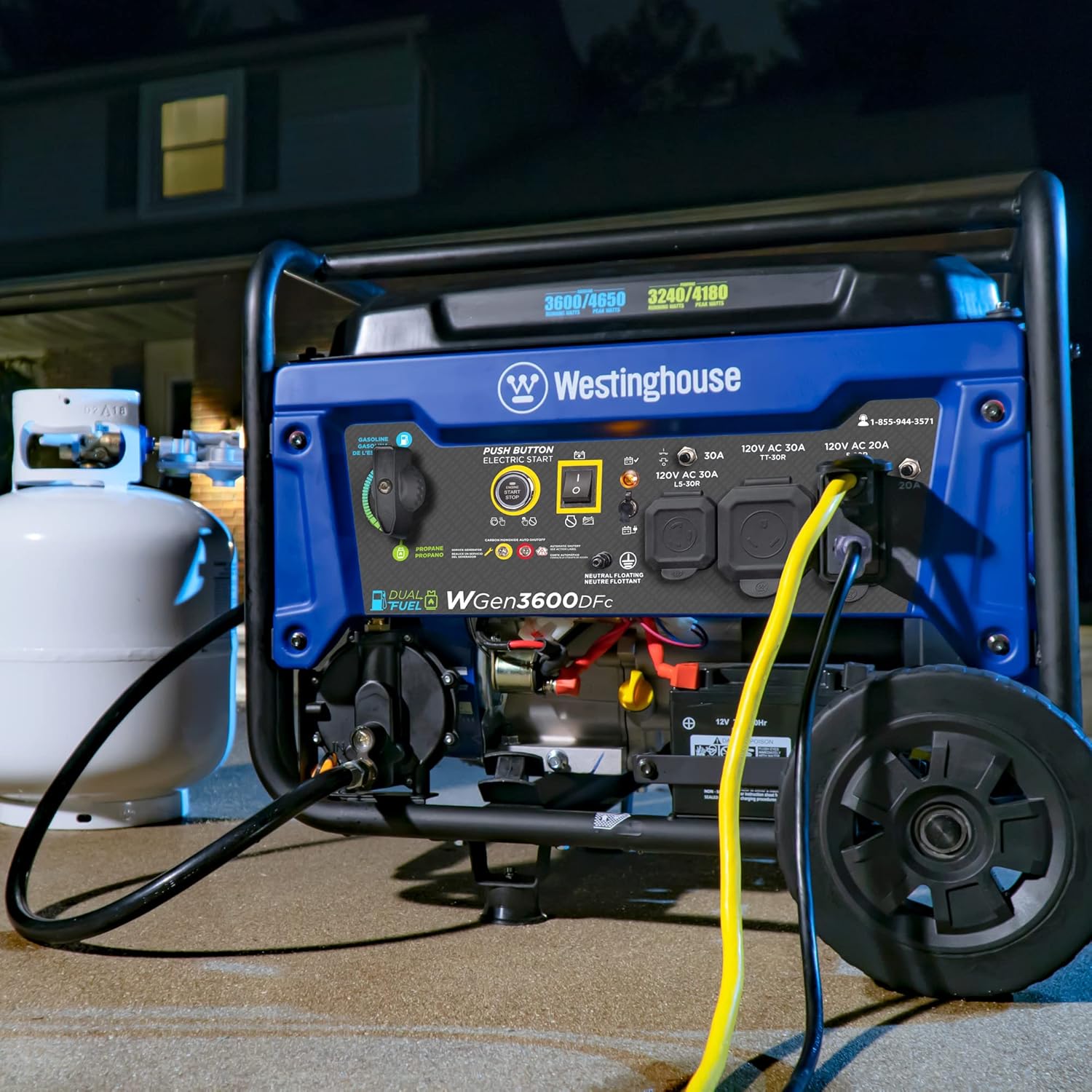 Westinghouse 4650 Peak Watt Dual Fuel Portable Generator, Remote Electric Start with Auto Choke, RV Ready 30A Outlet, Gas & Propane Powered, CO Sensor Gronata