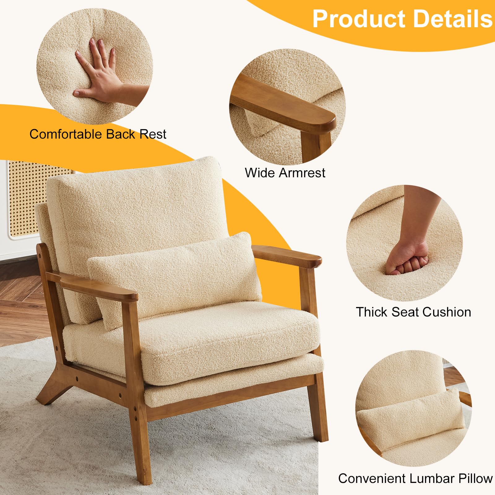Karl home Accent Chair Wide Armrest Mid-Century Lounge Chair Linen Fabric Armchair with Lumbar Pillow & Solid Wood Frame for Living Room, Bedroom, Balcony, Green Gronata