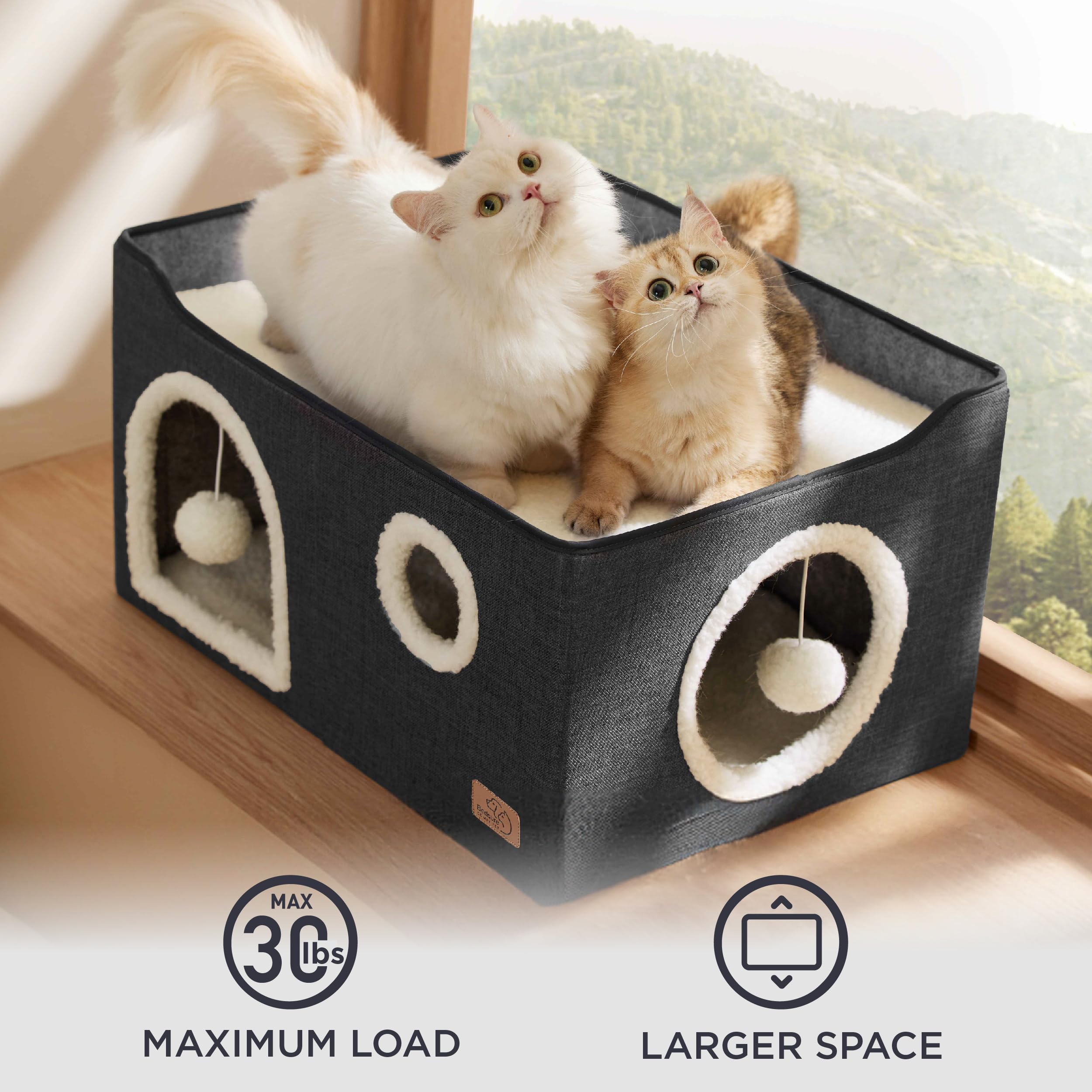 Bedsure Cat Beds for Indoor Cats - Large Cat Cave for Pet Cat House with Fluffy Ball Hanging and Scratch Pad, Foldable Cat Hideaway, 16.5x16.5x13 inches, Grey Gronata