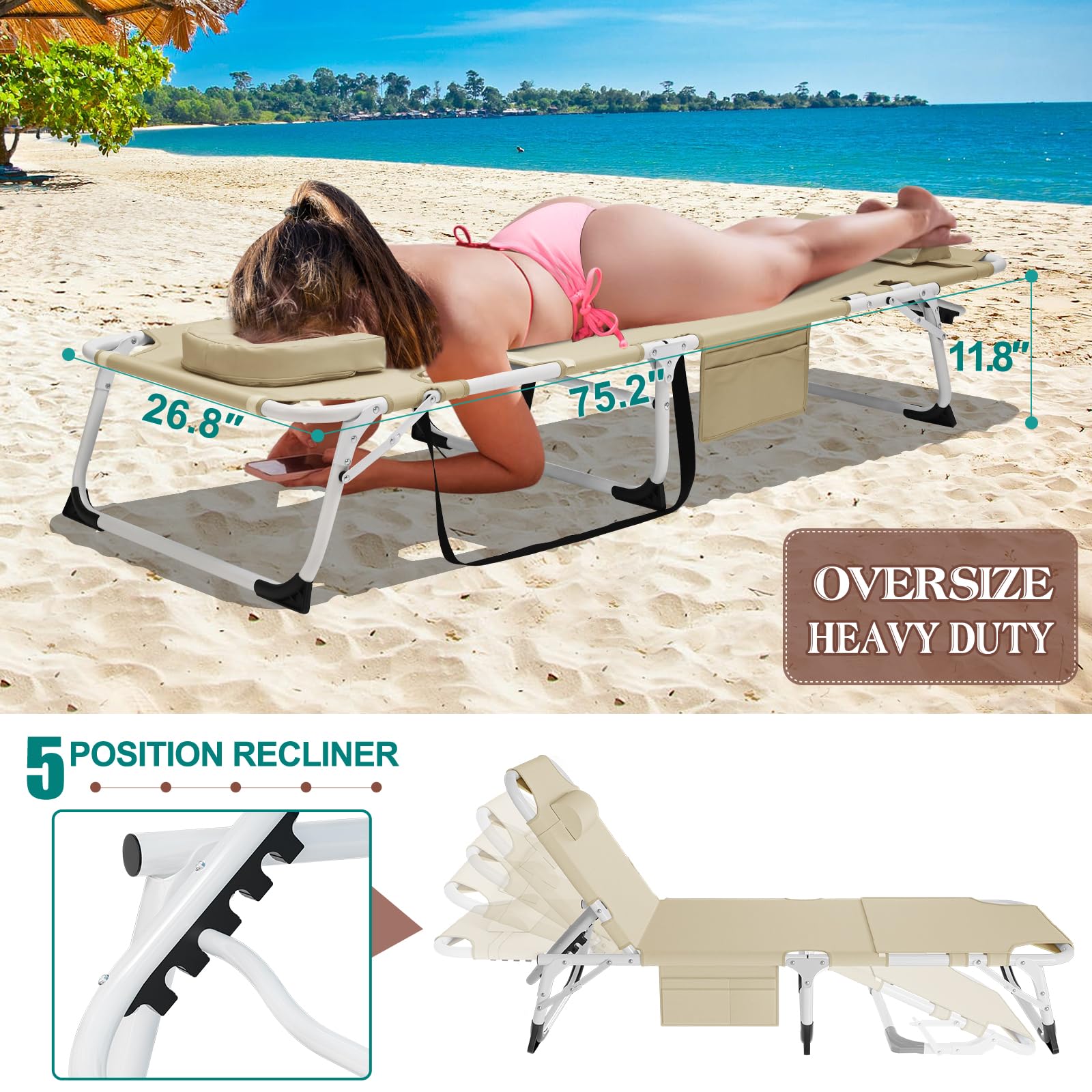 DoCred Heavy Duty Chaise Lounge Chair, Adjustable 5-Position Folding Chaise Lounge Chairs for Outside, Portable Lay Flat Beach Lounge Chair for Outdoor Sunbathing Beach Pool Lawn Camping Gronata