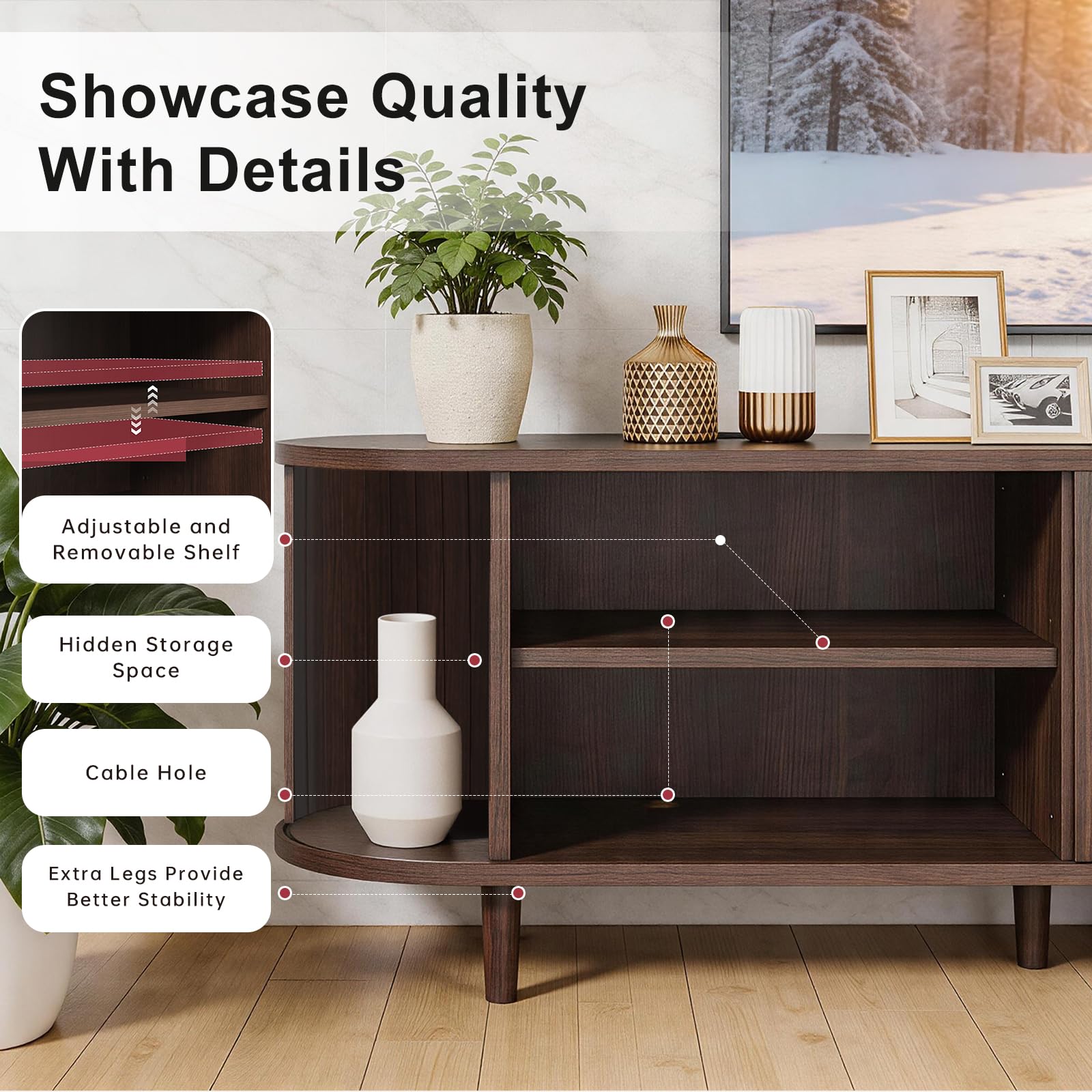 OneBlis 70" Mid Century Modern TV Stand, Wood TV Consoles with Sliding Doors and Power Outlet, Entertainment Center with Adjustable Shelves, Fluted TV Stands for Living Room, Walnut Gronata