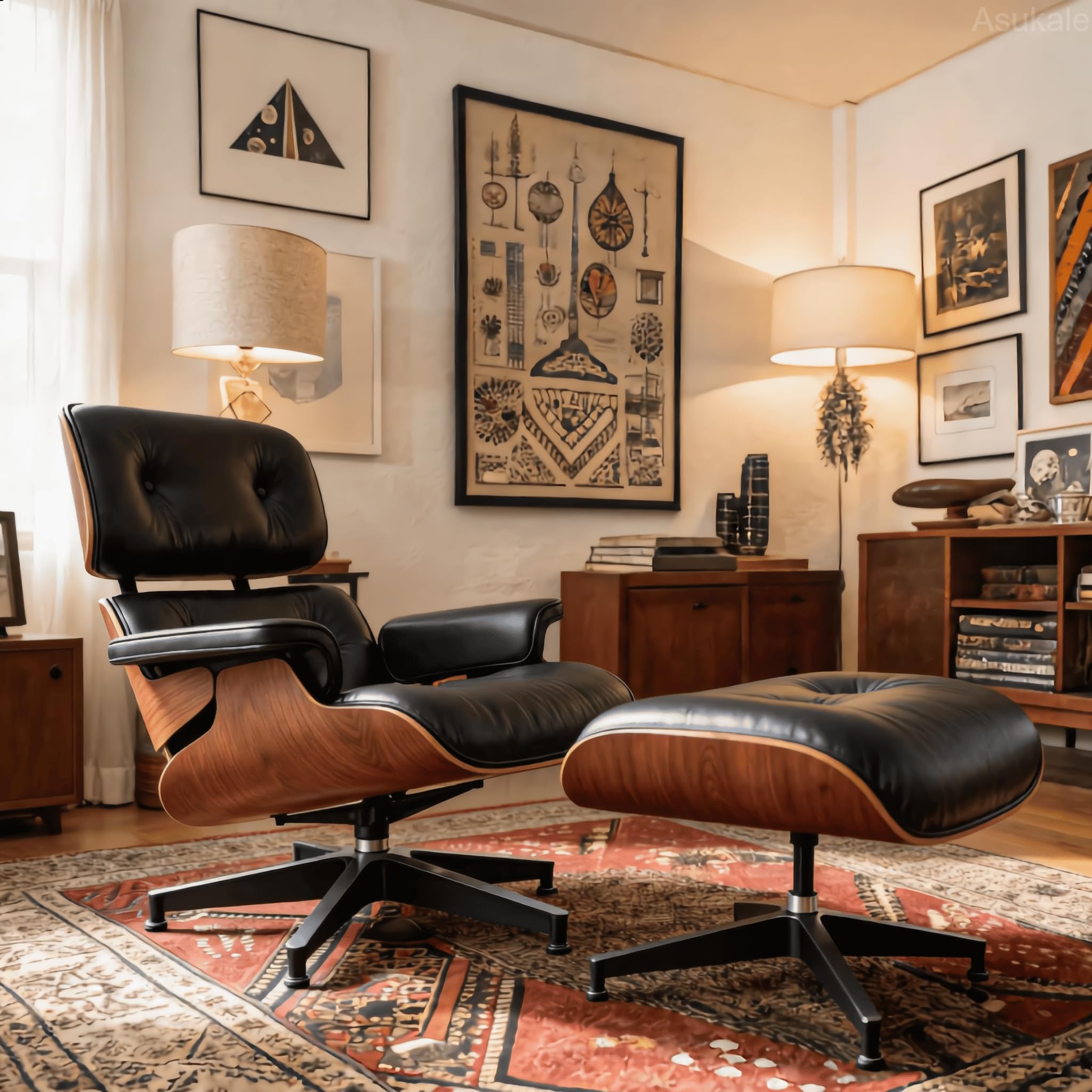 Asukale Top Grain Leather, Mid Century Chaise Lounge Chair and Ottoman, Modern Chair Classic Design, Heavy Duty Base Support for Living Room Study Lounge Office, Palisander-White Gronata