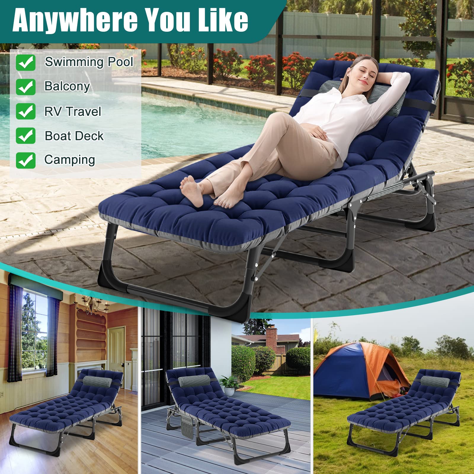 DoCred Heavy Duty Chaise Lounge Chair, Adjustable 5-Position Folding Chaise Lounge Chairs for Outside, Portable Lay Flat Beach Lounge Chair for Outdoor Sunbathing Beach Pool Lawn Camping Gronata