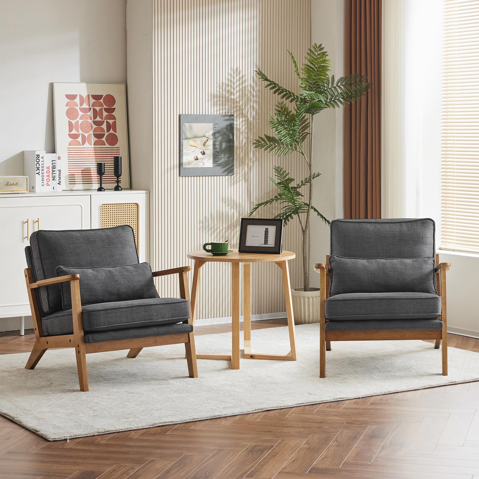 Karl home Accent Chair Wide Armrest Mid-Century Lounge Chair Linen Fabric Armchair with Lumbar Pillow & Solid Wood Frame for Living Room, Bedroom, Balcony, Green Gronata