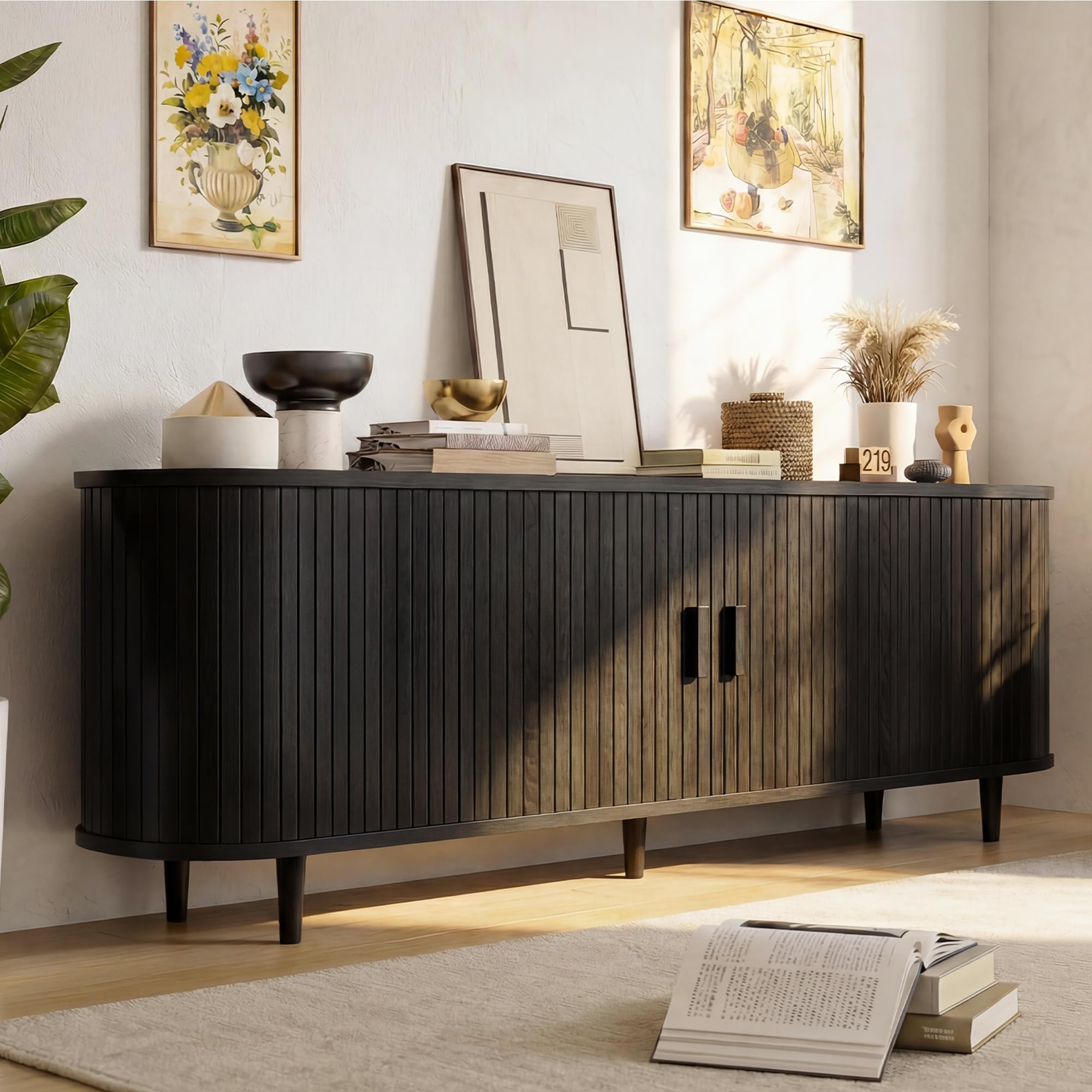 OneBlis 70" Mid Century Modern TV Stand, Wood TV Consoles with Sliding Doors and Power Outlet, Entertainment Center with Adjustable Shelves, Fluted TV Stands for Living Room, Walnut Gronata