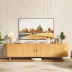 OneBlis 70" Mid Century Modern TV Stand, Wood TV Consoles with Sliding Doors and Power Outlet, Entertainment Center with Adjustable Shelves, Fluted TV Stands for Living Room, Walnut Gronata