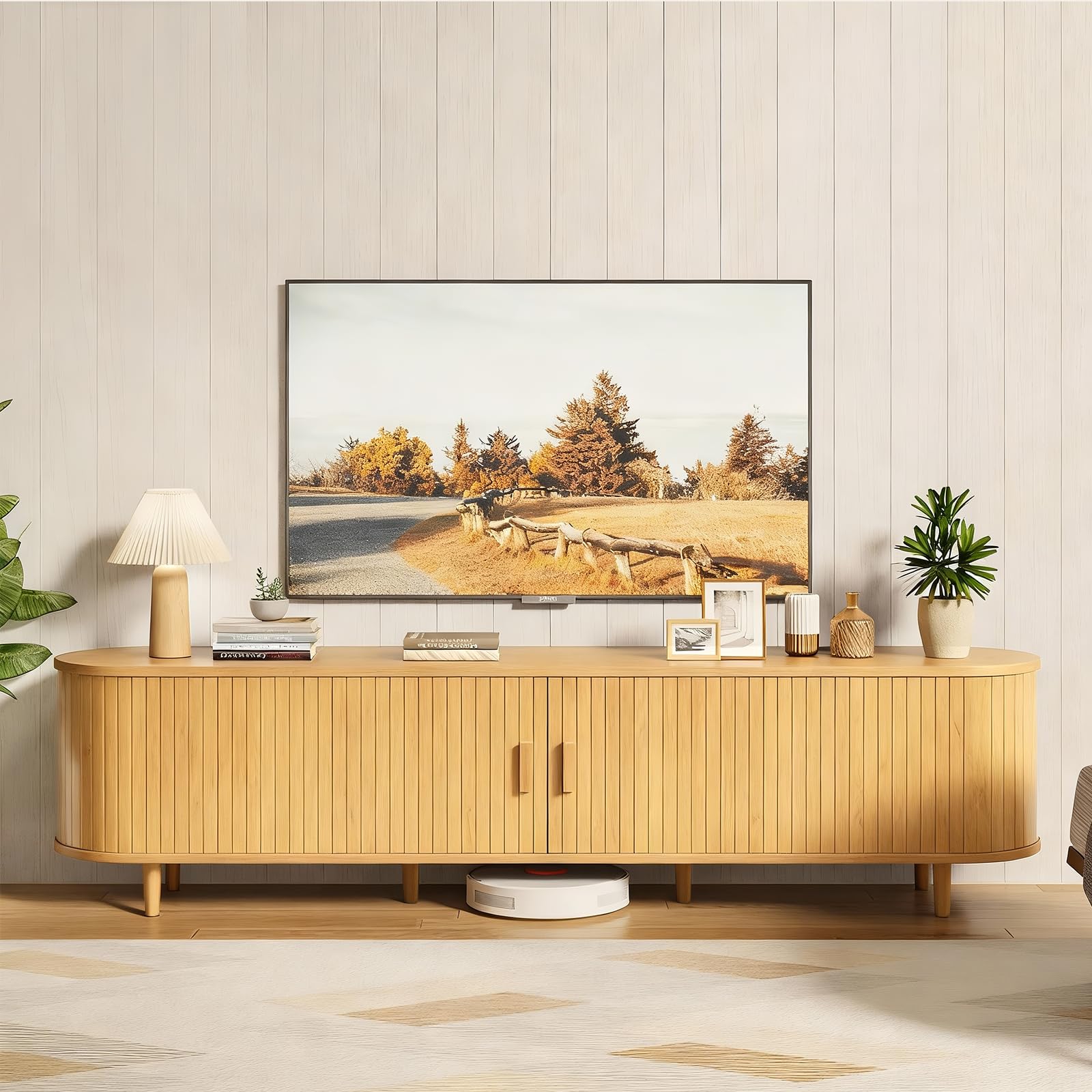 OneBlis 70" Mid Century Modern TV Stand, Wood TV Consoles with Sliding Doors and Power Outlet, Entertainment Center with Adjustable Shelves, Fluted TV Stands for Living Room, Walnut Gronata