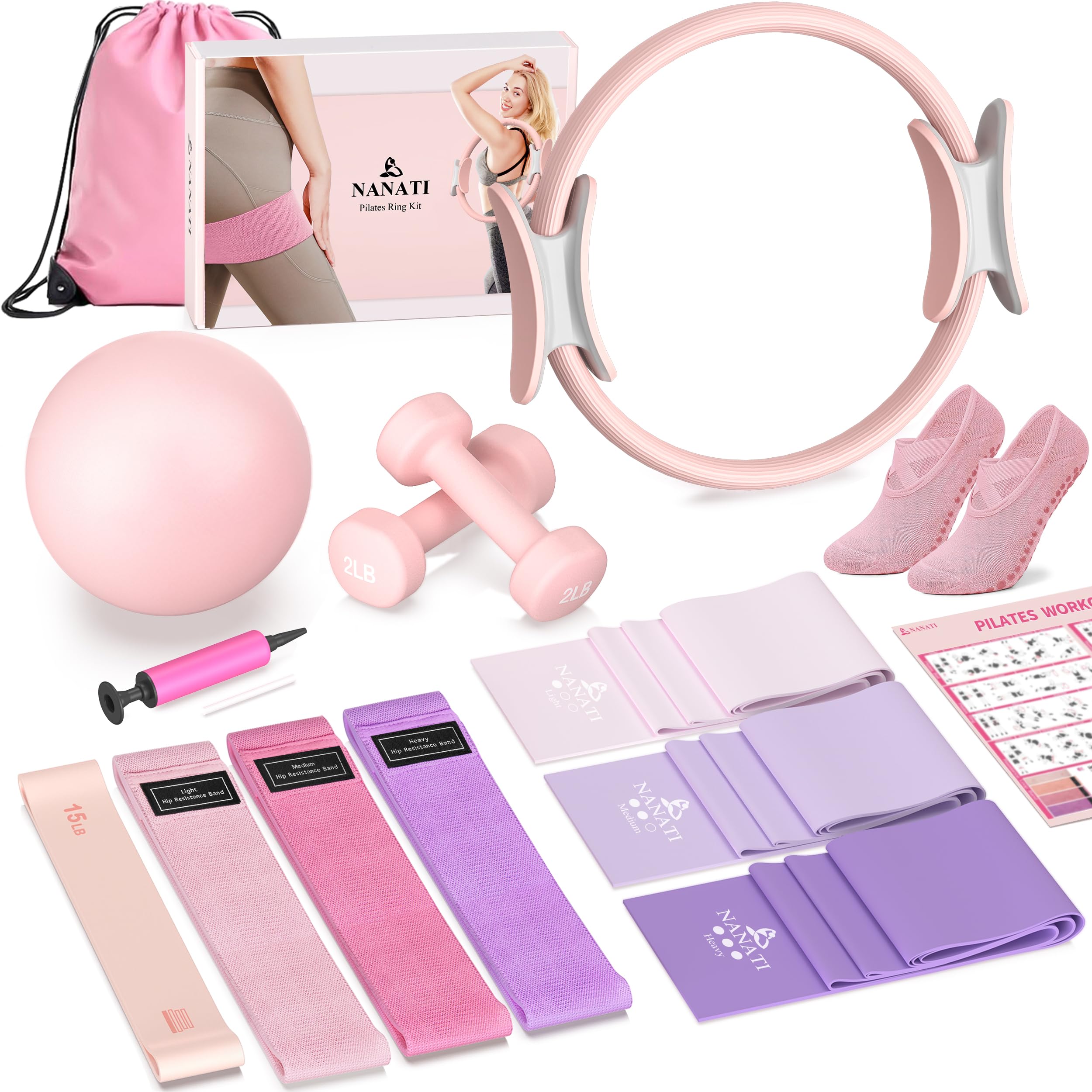 NANATI Pilates Kit 19PCS,Pilates Essentials Kit for Women,Pilates Equipment with 14.5" Pilates Ring and Ball,8 Resistance Bands,Ankle Weights,Sliders & Grip Socks Accessories for Starter Home Workouts Gronata