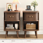 Decofy Fluted Nightstand Set of 2, Mid Century Modern Bedside Table with Charging Station, Walnut End Tables with Sliding Tambour Doors, Storage Cabinet and Open Shelf for Bedroom, Walnut Gronata