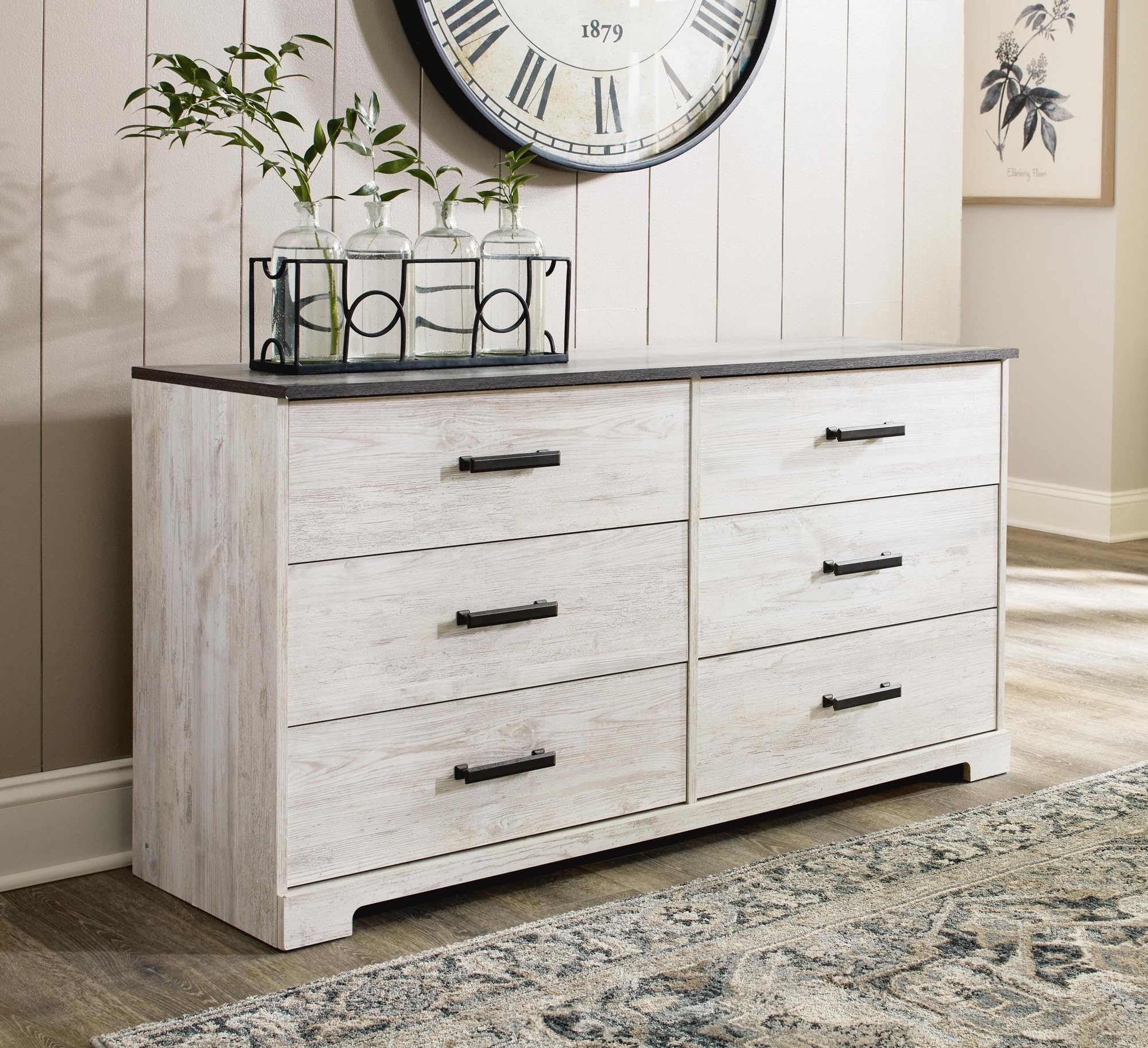 Signature Design by Ashley Shawburn Rustic 5 Drawer Chest of Smooth-Gliding Drawers and Safety Stop, White & Gray Gronata