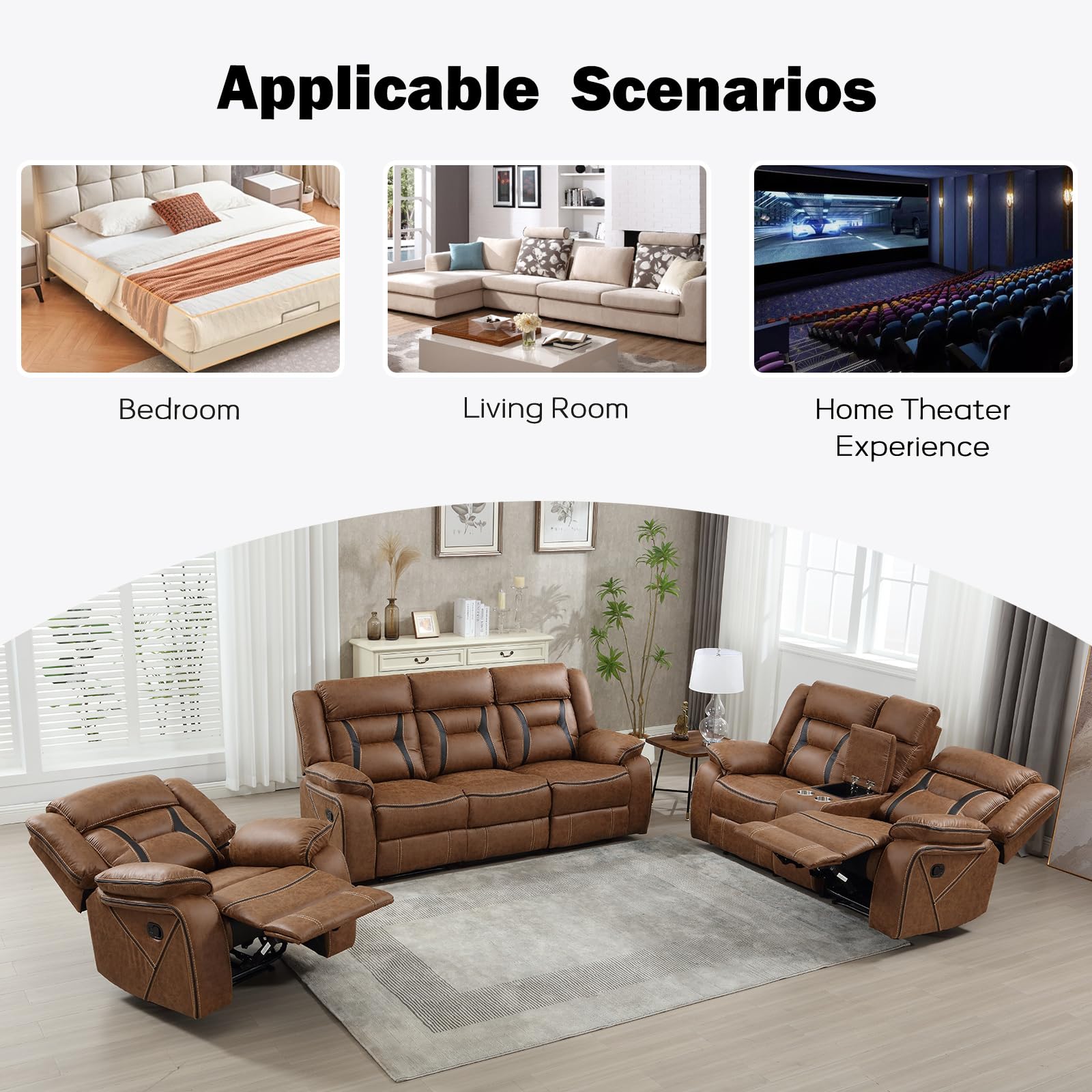 EBELLO Faux Leather Recliner Sofa Furniture Set for Living Room, 2 Recliner Chairs, 3 Seat Reclining Sofa Couch Set for Meeting Room, Brown Gronata