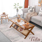 Tiita Rattan Coffee Table, Bamboo Accent Bedside Tables, Glass Nightstand Side Table, Boho Wooden End Table with Storage for Living Room,Living Room, Dining Room, Tea, Home Décor Gronata