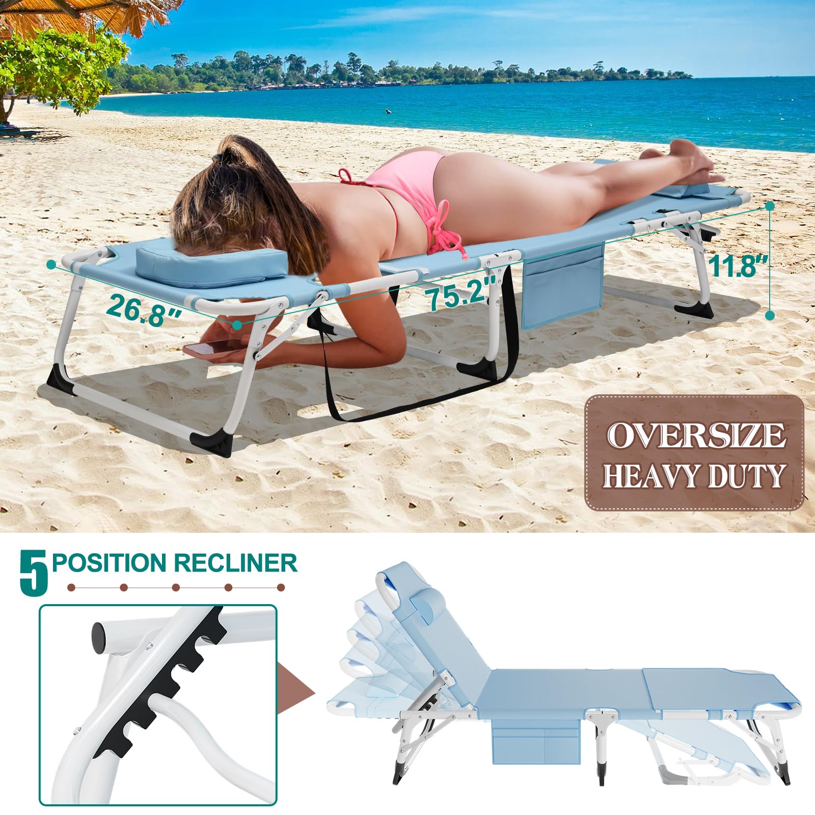 DoCred Heavy Duty Chaise Lounge Chair, Adjustable 5-Position Folding Chaise Lounge Chairs for Outside, Portable Lay Flat Beach Lounge Chair for Outdoor Sunbathing Beach Pool Lawn Camping Gronata