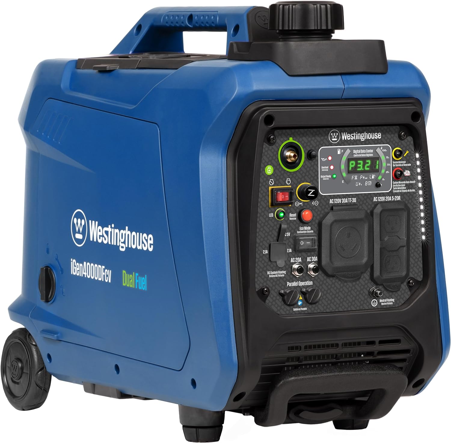 Westinghouse 4000 Peak Watt Super Quiet Dual Fuel Portable Inverter Generator, Wheel & Handle Kit, Gas & Propane Powered, RV Ready, CO Sensor, Parallel Capable Gronata