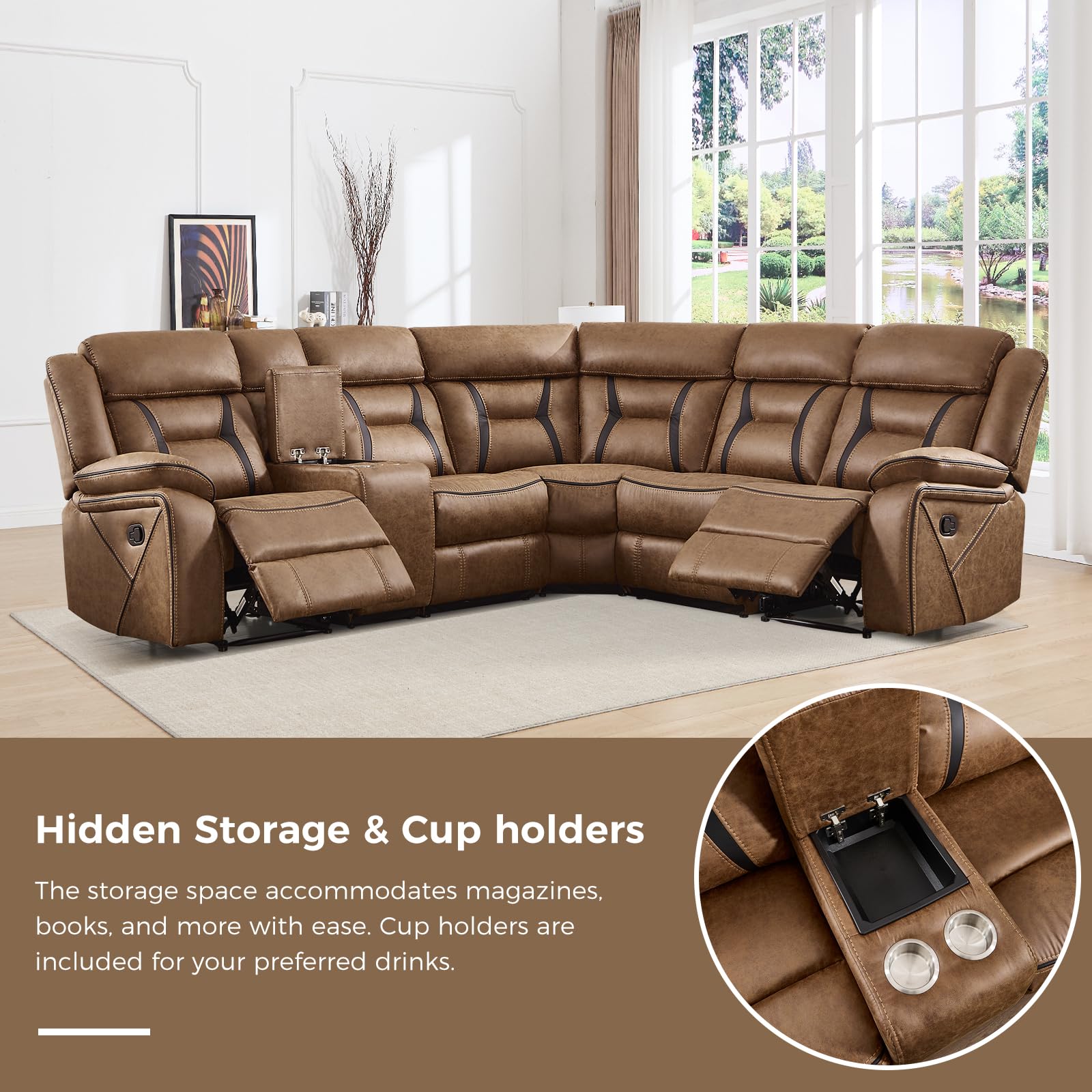 EBELLO Faux Leather Recliner Sofa Furniture Set for Living Room, 2 Recliner Chairs, 3 Seat Reclining Sofa Couch Set for Meeting Room, Brown Gronata