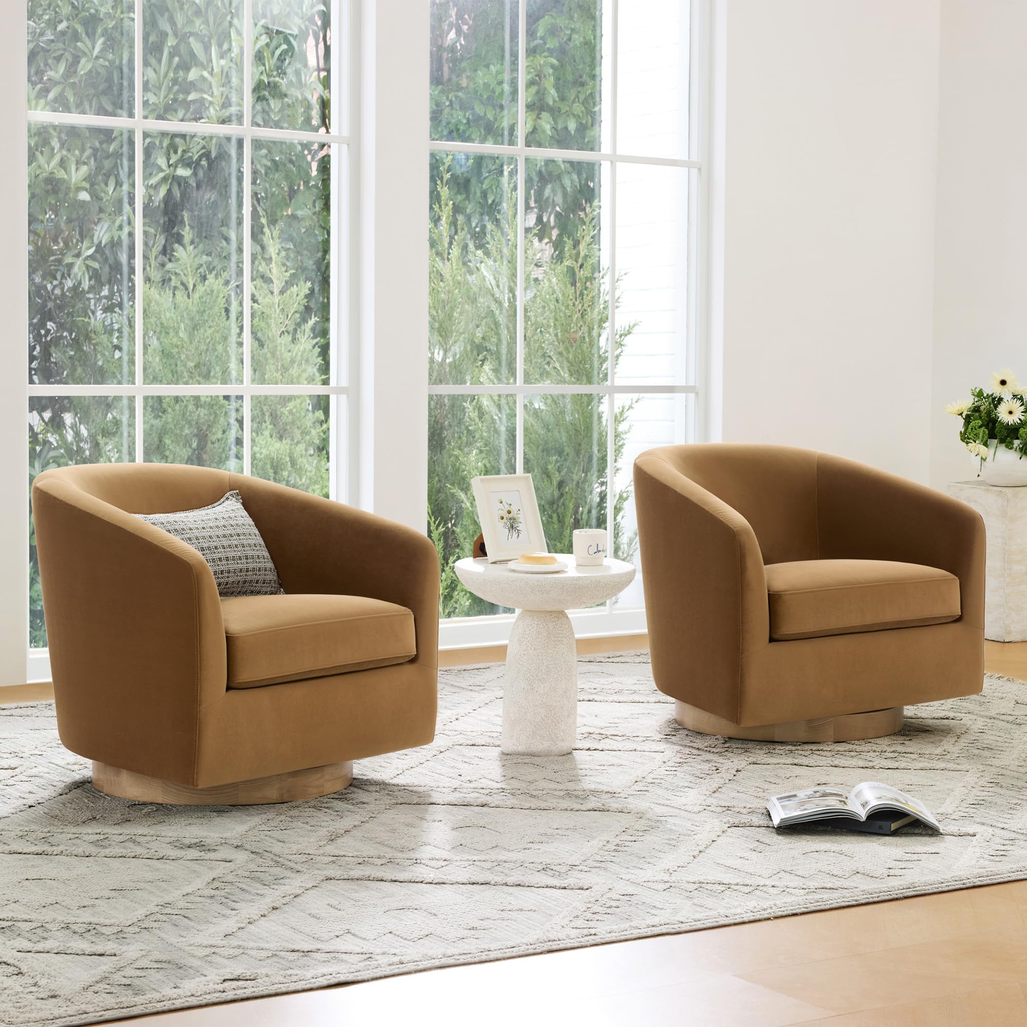 CHITA Swivel Accent Chair, Fully Assembled Fabric Barrel Armchair with FSC Certified Upholstered for Living Room, Bedroom and Office, Cream Gronata