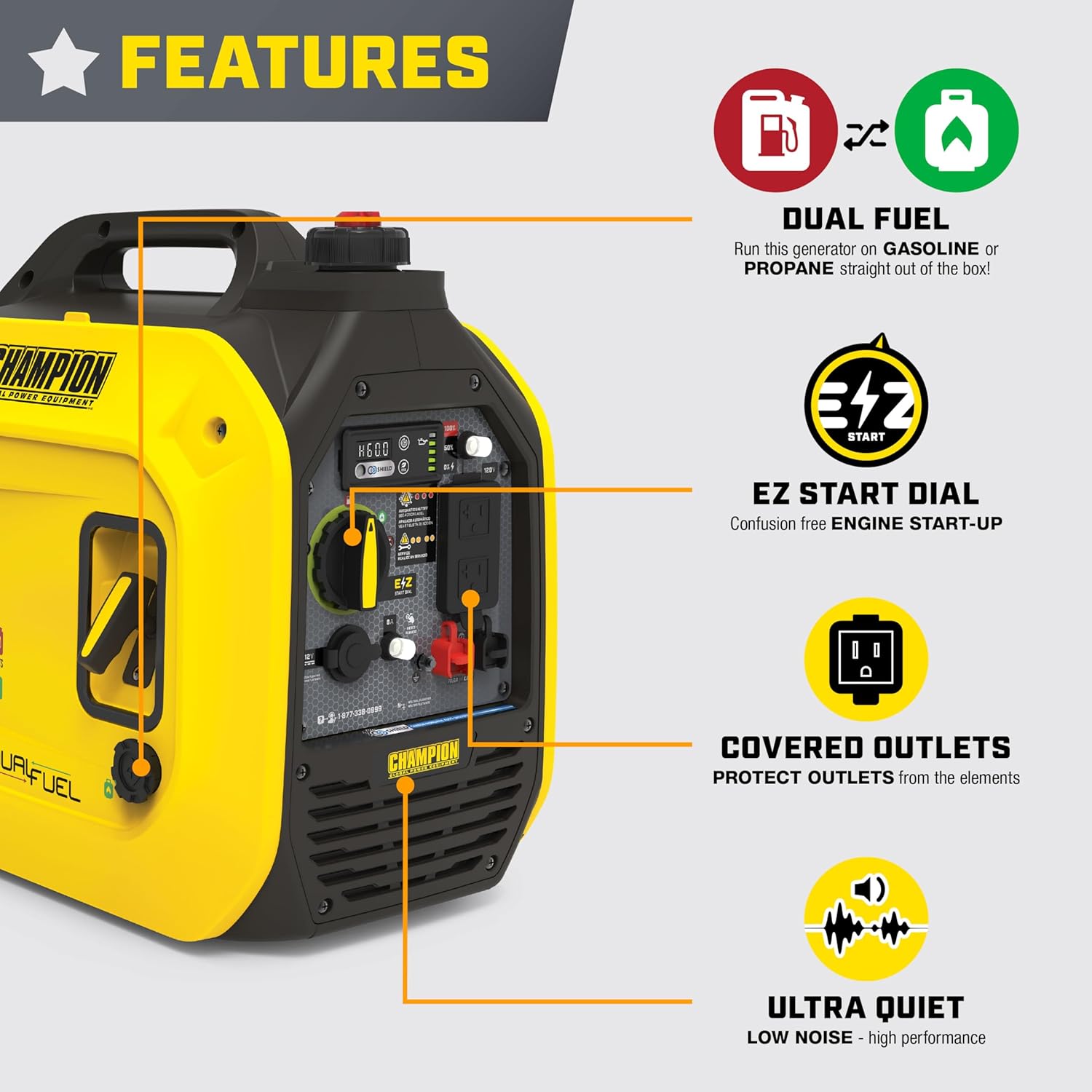 Champion Power Equipment 2500-Watt Dual Fuel Portable Inverter Generator with Quiet Technology and CO Shield Gronata