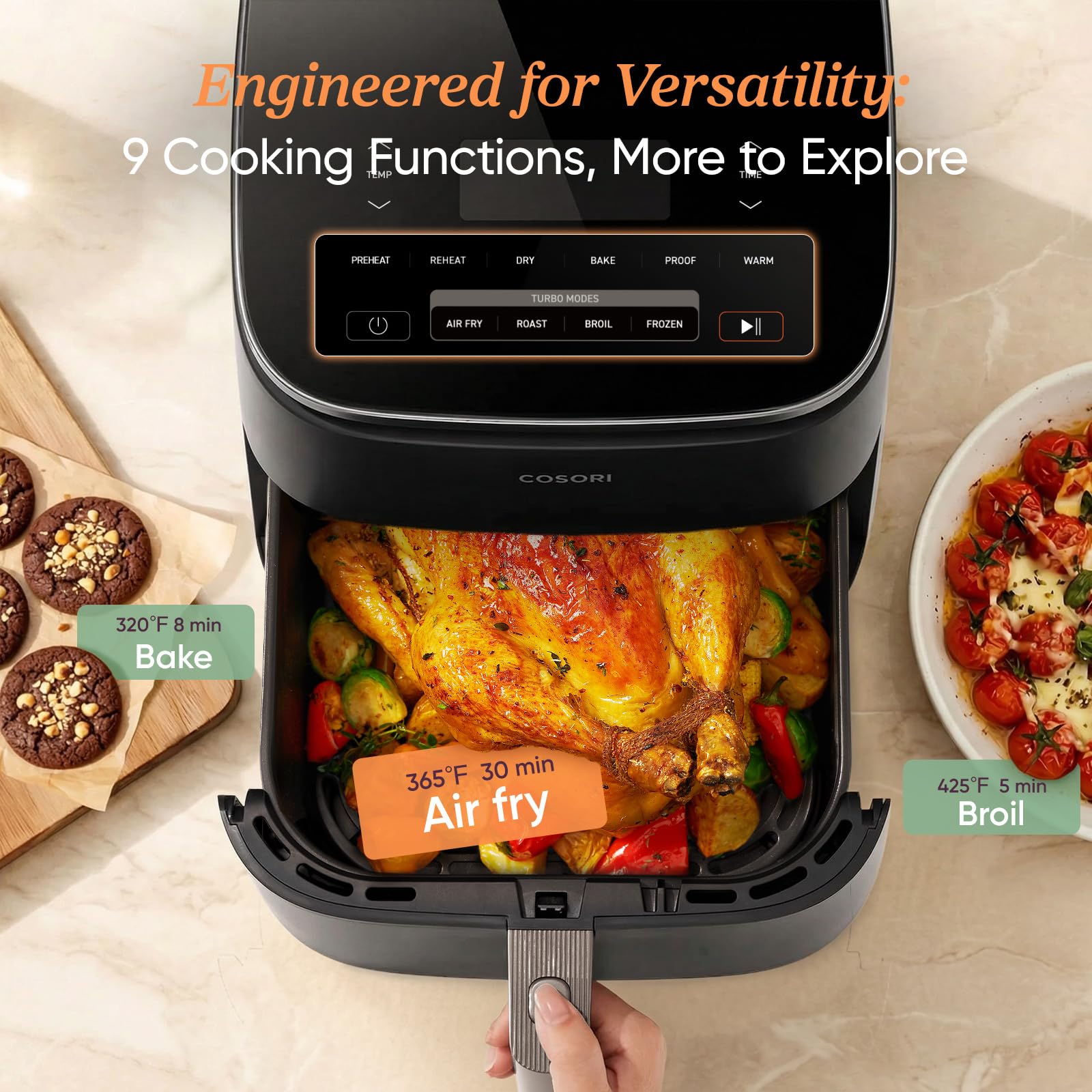 Cosori 9-in-1 TurboBlaze Air Fryer 6 Qt, PFAS-Free Ceramic Coating, 90°–450°F, Precise Heating for Even Results, Air Fry, Roast, Bake, Broil, Dry, Frozen, Proof, Reheat, Keep Warm, 120V, Dark Gray Gronata