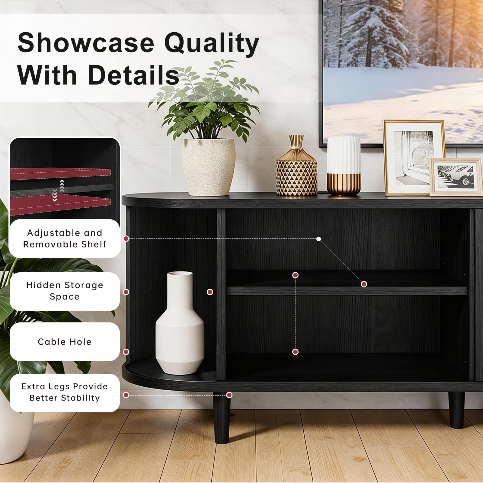 OneBlis 70" Mid Century Modern TV Stand, Wood TV Consoles with Sliding Doors and Power Outlet, Entertainment Center with Adjustable Shelves, Fluted TV Stands for Living Room, Walnut Gronata