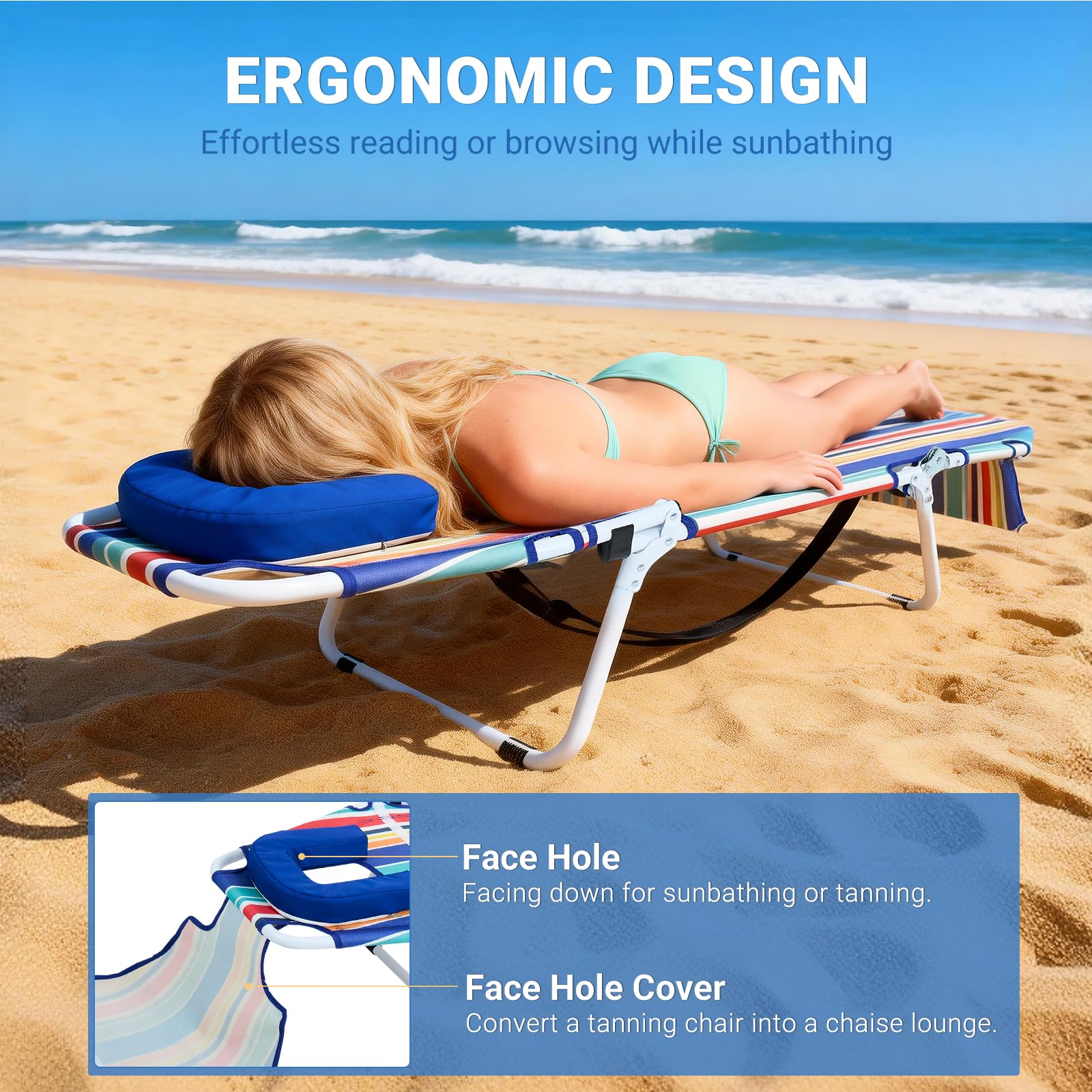 DoCred Heavy Duty Chaise Lounge Chair, Adjustable 5-Position Folding Chaise Lounge Chairs for Outside, Portable Lay Flat Beach Lounge Chair for Outdoor Sunbathing Beach Pool Lawn Camping Gronata