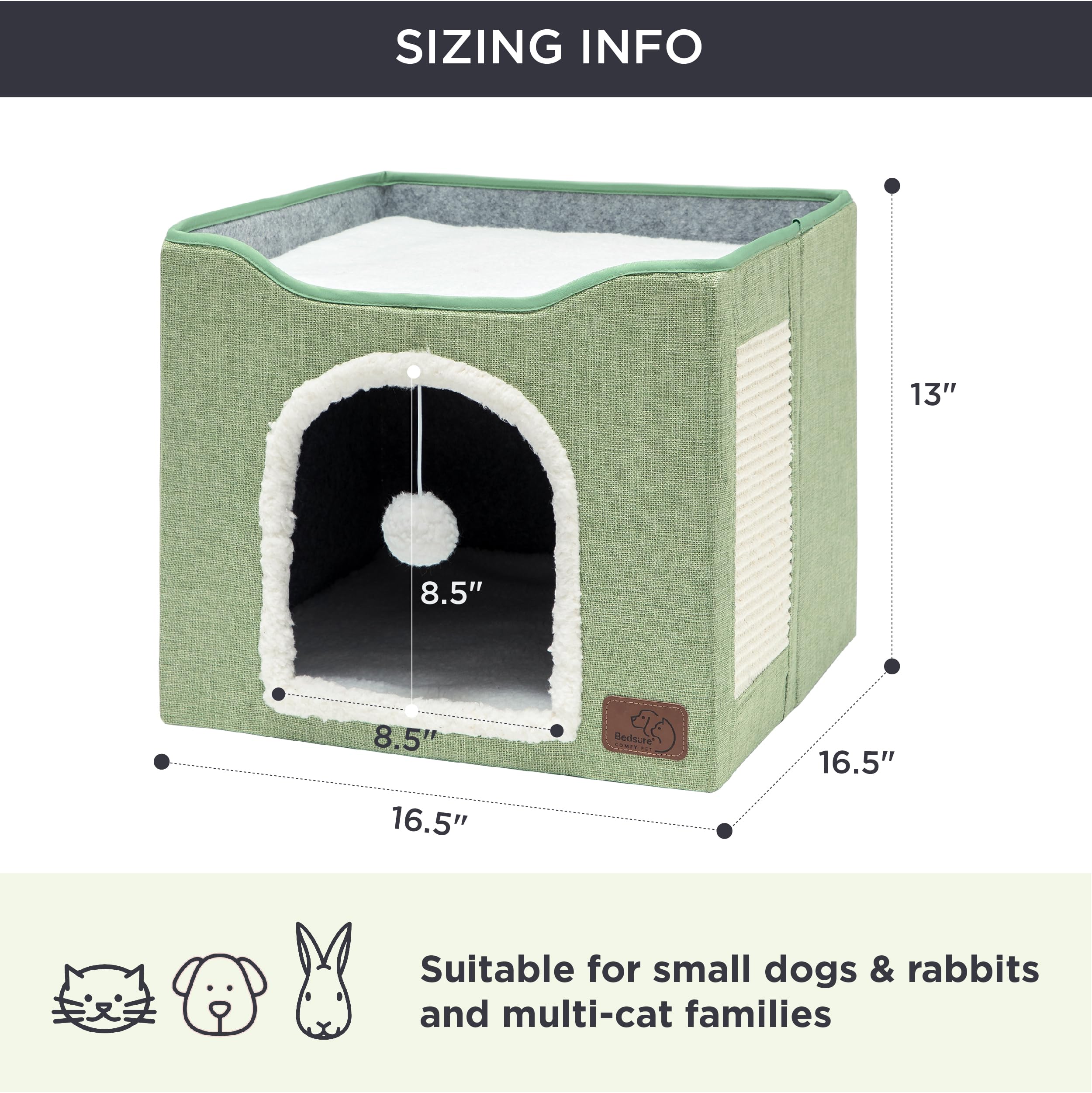 Bedsure Cat Beds for Indoor Cats - Large Cat Cave for Pet Cat House with Fluffy Ball Hanging and Scratch Pad, Foldable Cat Hideaway, 16.5x16.5x13 inches, Grey Gronata