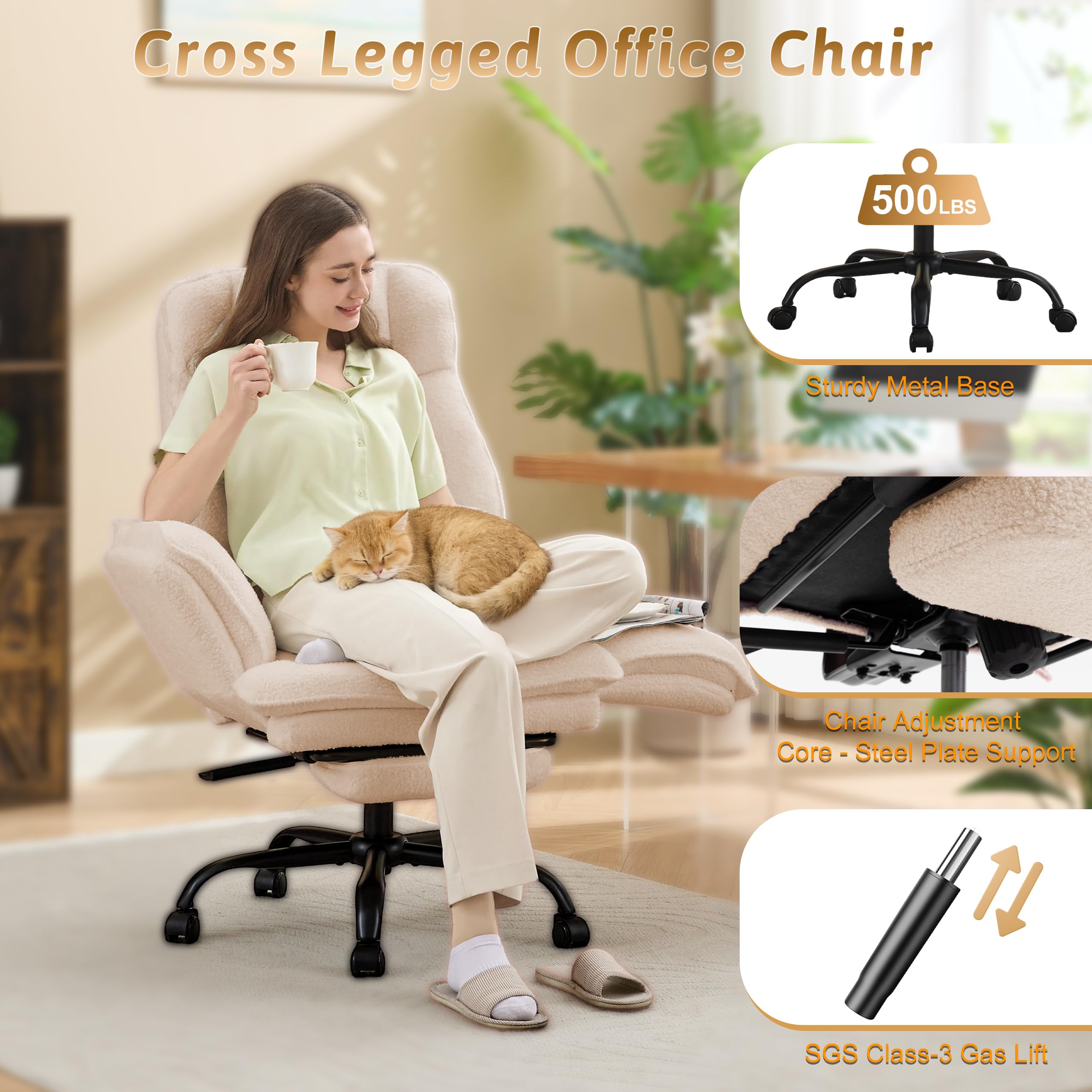 Office Chair,Big and Tall Heavy-Duty Executive Reclining Computer Gaming Chair with Footrest,Flip Armrests,Lumbar Pillow&Thicken Wider Seat for Criss Cross Legged Desk Vanity Chair,Teddy Fabric White Gronata