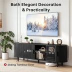 OneBlis 70" Mid Century Modern TV Stand, Wood TV Consoles with Sliding Doors and Power Outlet, Entertainment Center with Adjustable Shelves, Fluted TV Stands for Living Room, Walnut Gronata