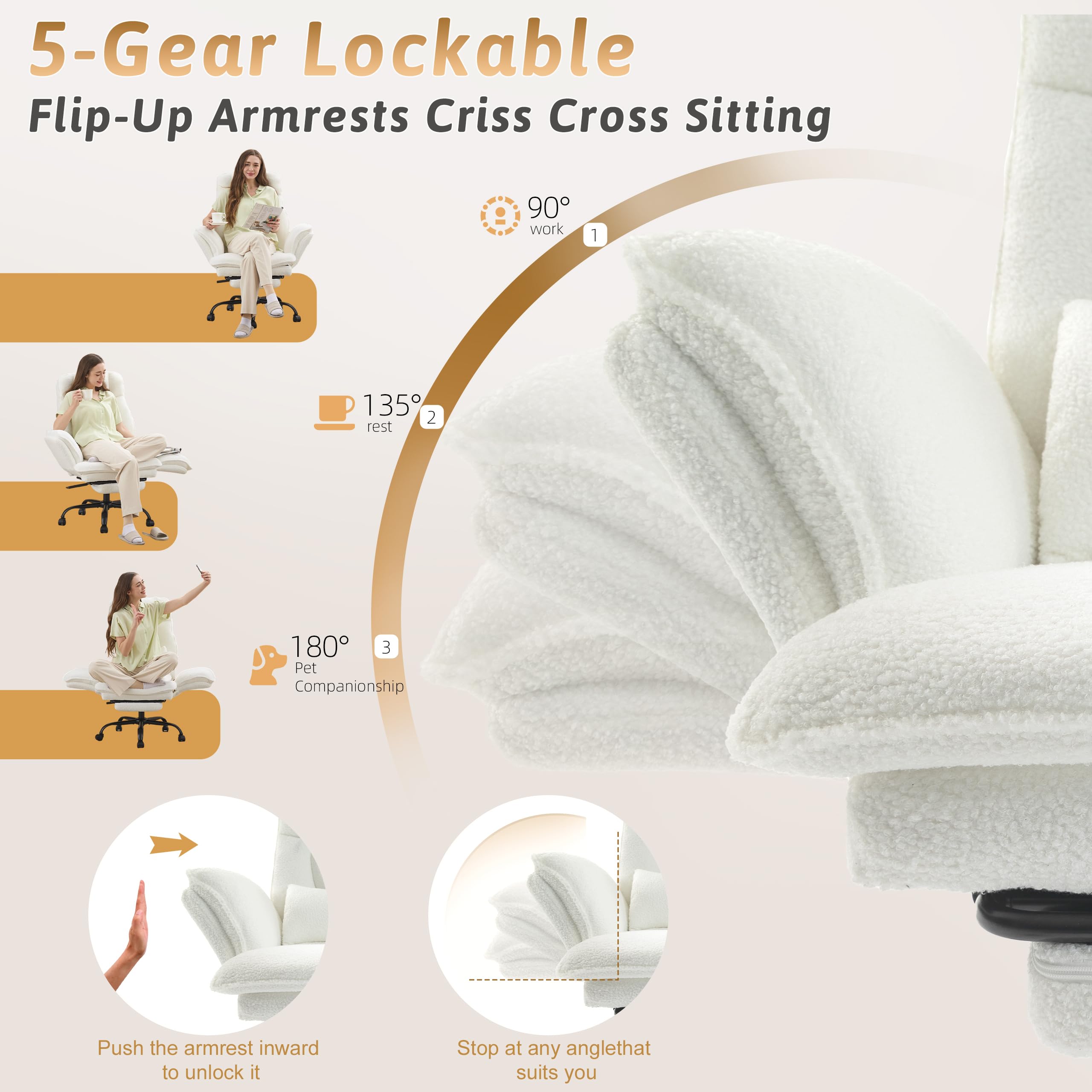Office Chair,Big and Tall Heavy-Duty Executive Reclining Computer Gaming Chair with Footrest,Flip Armrests,Lumbar Pillow&Thicken Wider Seat for Criss Cross Legged Desk Vanity Chair,Teddy Fabric White Gronata