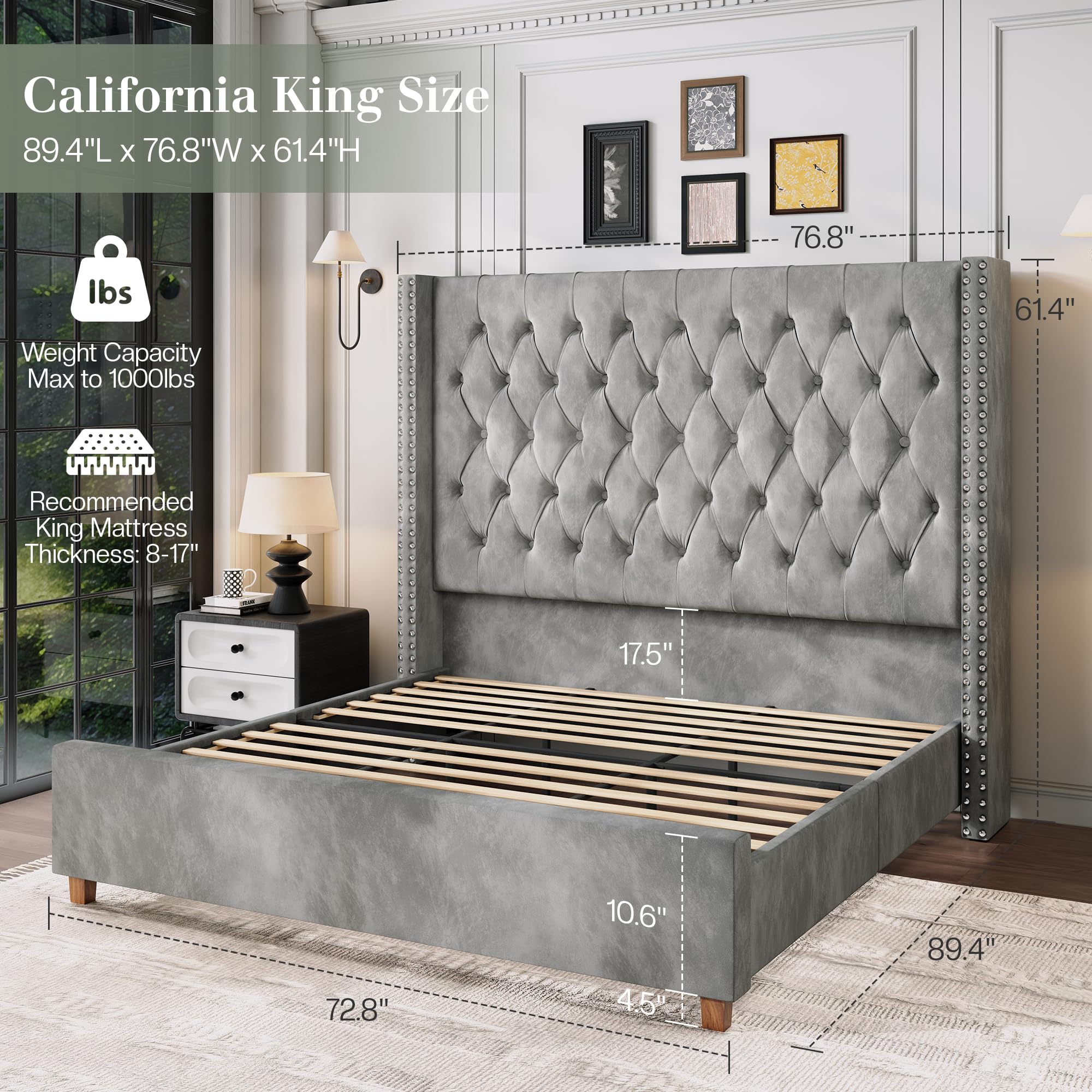 Jocisland Queen Size Bed Frame 61.4" Extra Tall Wingback Headboard Velvet Upholstered Deep Button Tufted Platform Bed with Solid Wood Legs & Wood Slats, No Box Spring Needed, Black Gronata