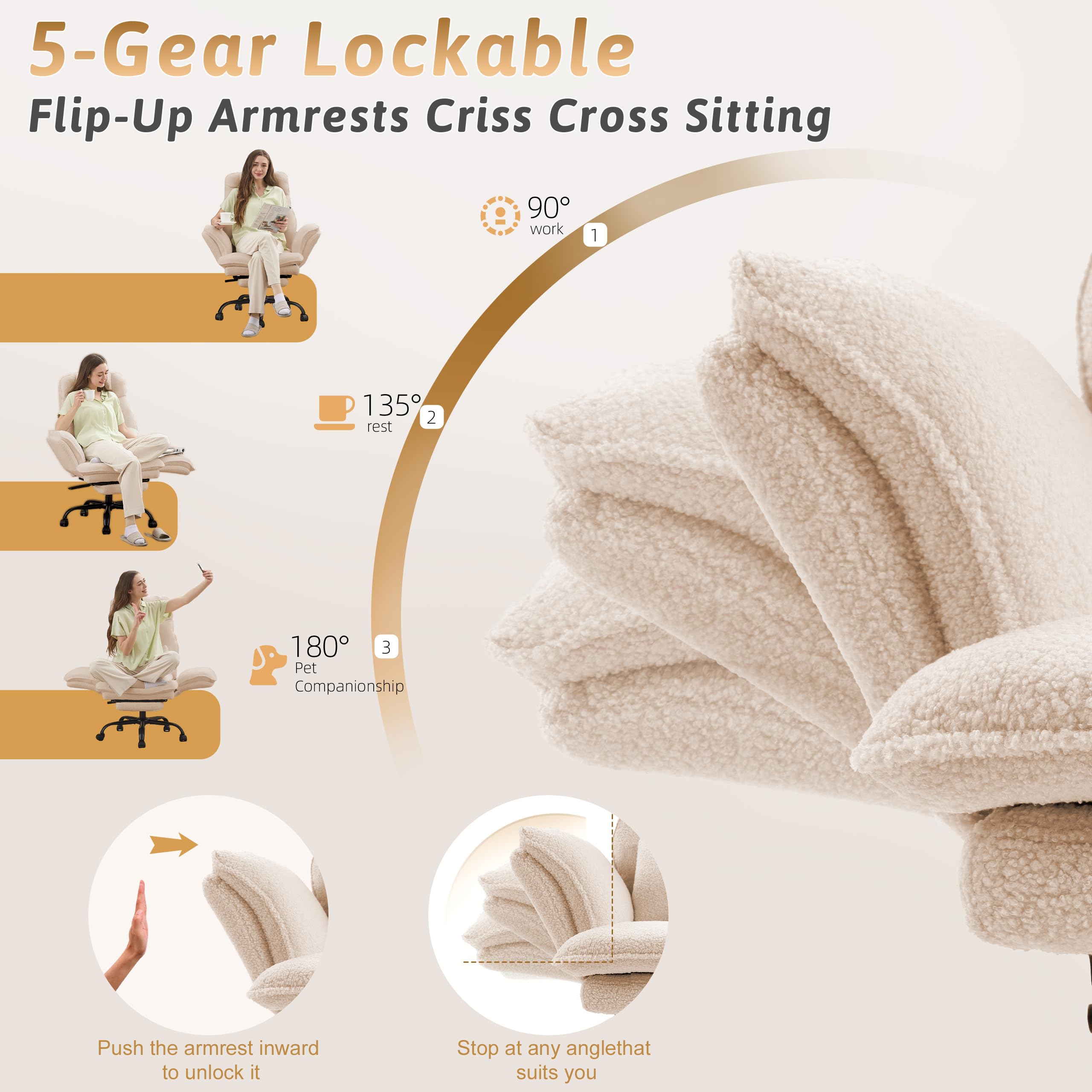 Office Chair,Big and Tall Heavy-Duty Executive Reclining Computer Gaming Chair with Footrest,Flip Armrests,Lumbar Pillow&Thicken Wider Seat for Criss Cross Legged Desk Vanity Chair,Teddy Fabric White Gronata