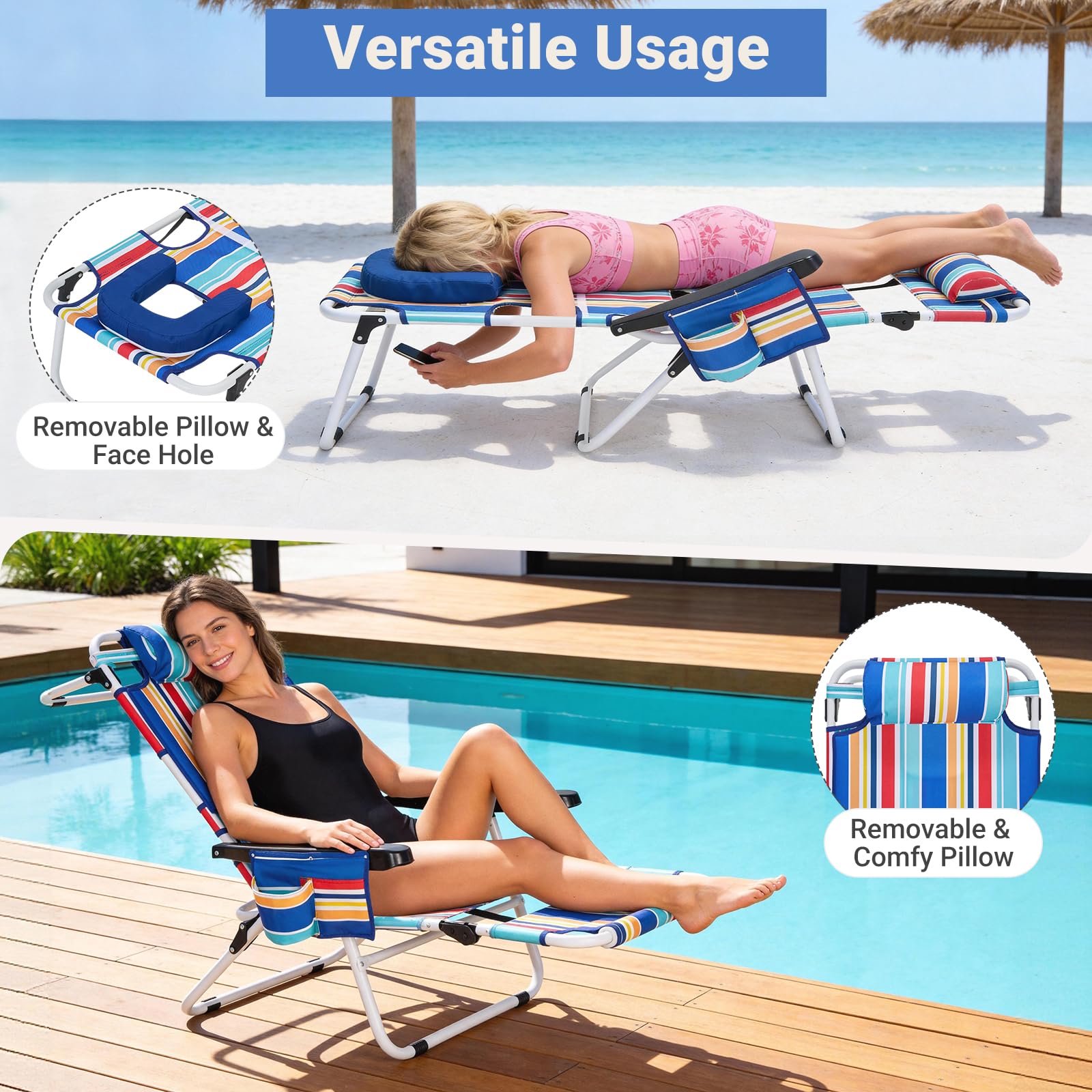 DoCred Heavy Duty Chaise Lounge Chair, Adjustable 5-Position Folding Chaise Lounge Chairs for Outside, Portable Lay Flat Beach Lounge Chair for Outdoor Sunbathing Beach Pool Lawn Camping Gronata
