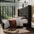Jocisland Queen Size Bed Frame 61.4" Extra Tall Wingback Headboard Velvet Upholstered Deep Button Tufted Platform Bed with Solid Wood Legs & Wood Slats, No Box Spring Needed, Black Gronata