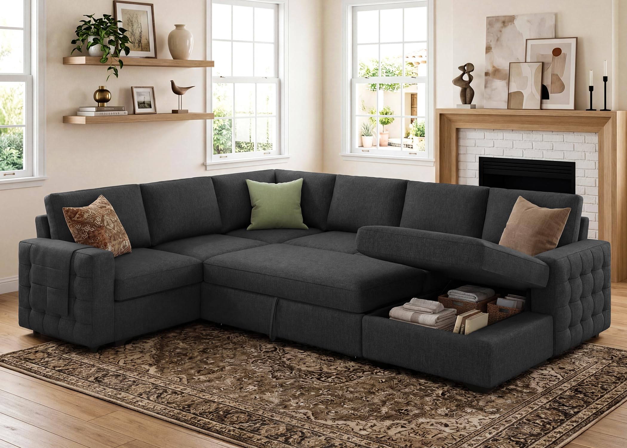 HONBAY Sectional Sleeper Sofa with Pull Out Bed U-Shape Sectional Couch Sleeper Bed with Storage Chaise 6 Seater Sleeper Sectional Sofa, Light Grey Gronata
