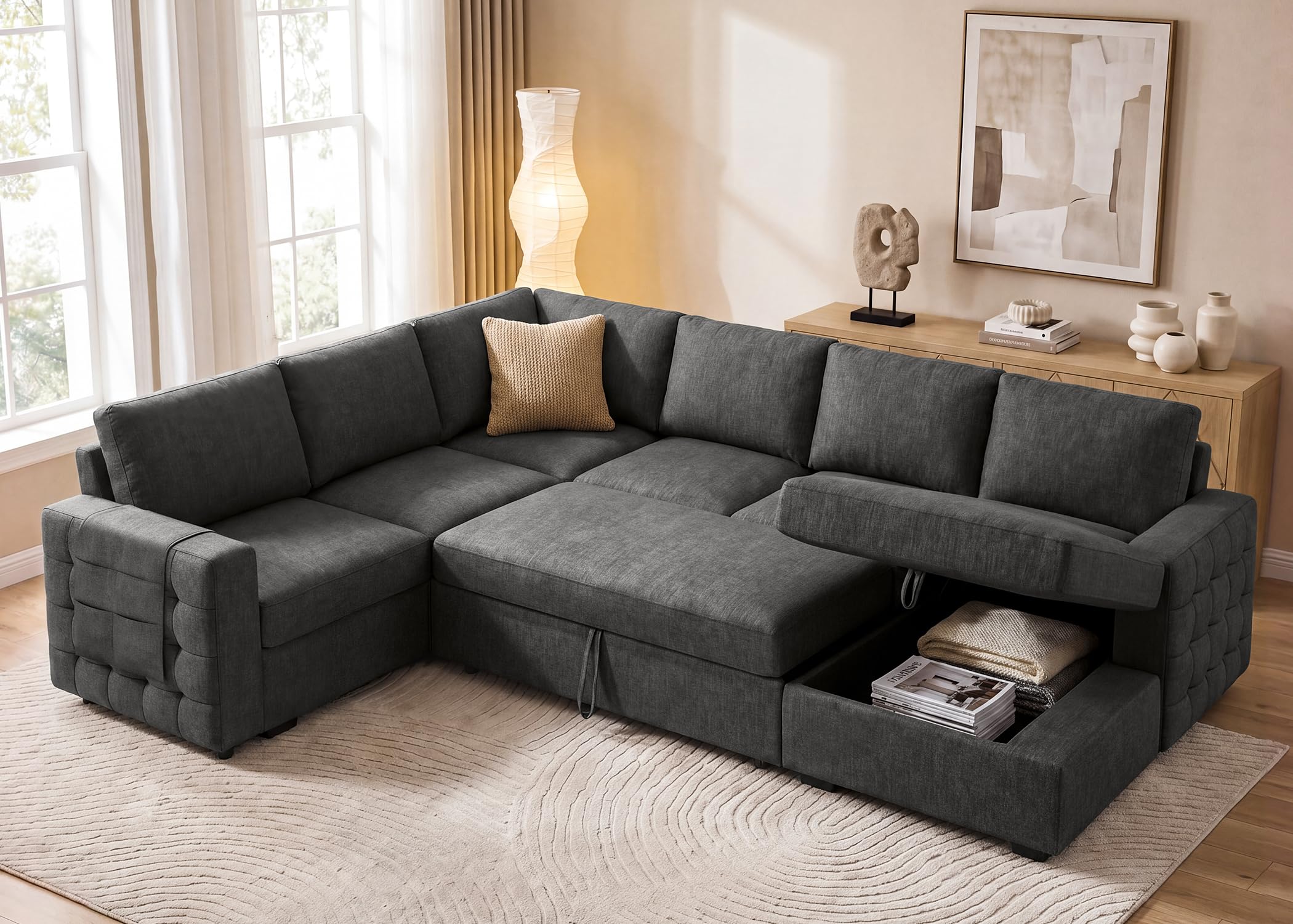 HONBAY Sectional Sleeper Sofa with Pull Out Bed U-Shape Sectional Couch Sleeper Bed with Storage Chaise 6 Seater Sleeper Sectional Sofa, Light Grey Gronata