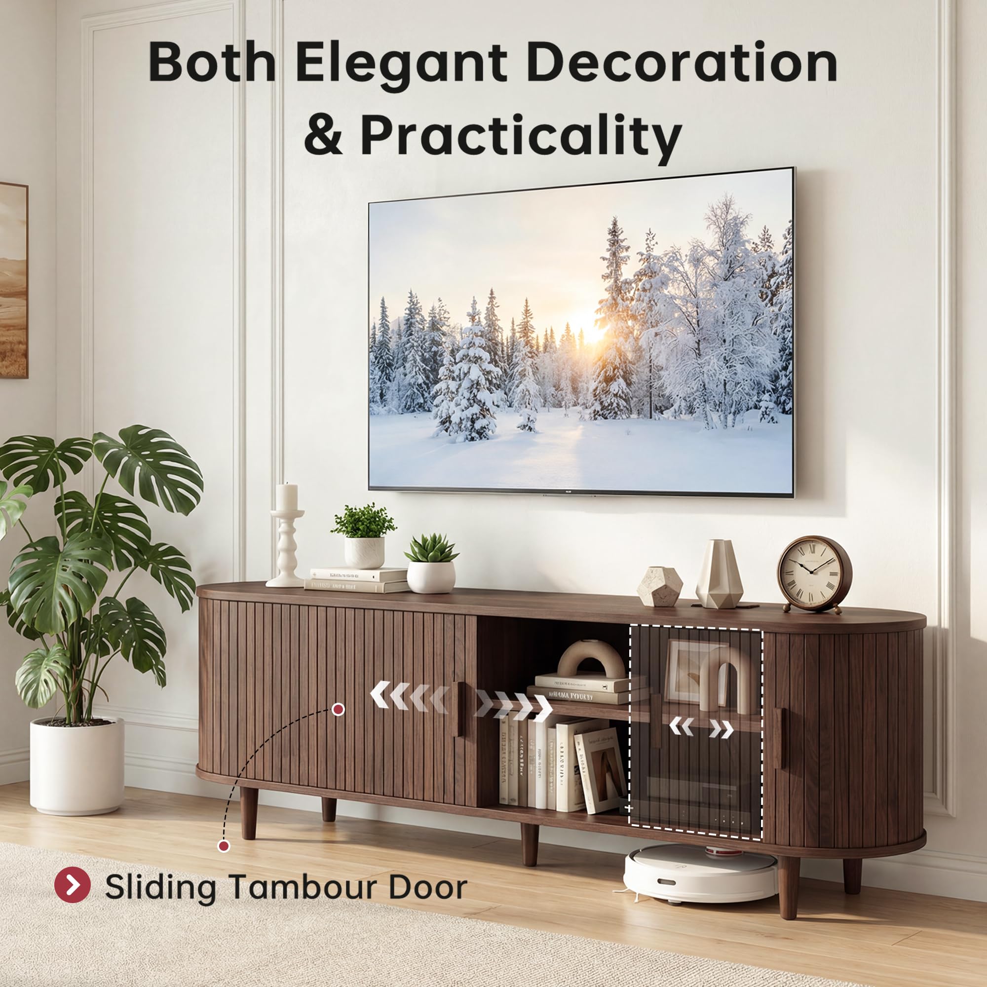 OneBlis 70" Mid Century Modern TV Stand, Wood TV Consoles with Sliding Doors and Power Outlet, Entertainment Center with Adjustable Shelves, Fluted TV Stands for Living Room, Walnut Gronata