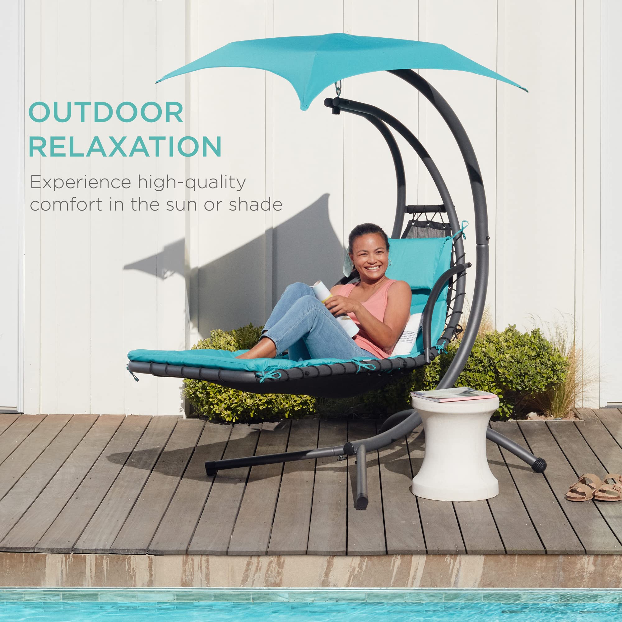 Best Choice Products Outdoor Hanging Curved Steel Chaise Lounge Chair Swing w/Built-in Pillow and Removable Canopy - Navy Blue Gronata