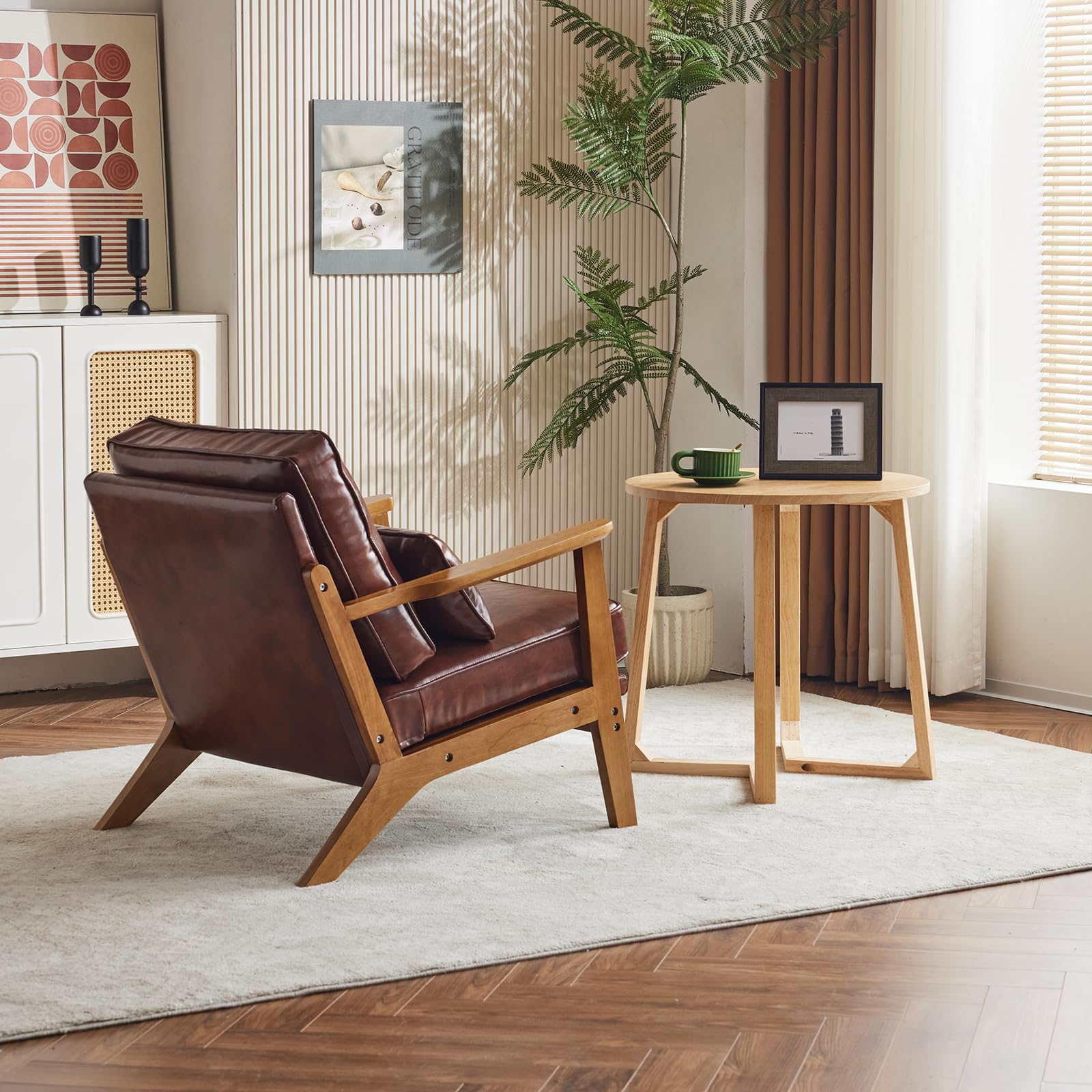 Karl home Accent Chair Wide Armrest Mid-Century Lounge Chair Linen Fabric Armchair with Lumbar Pillow & Solid Wood Frame for Living Room, Bedroom, Balcony, Green Gronata