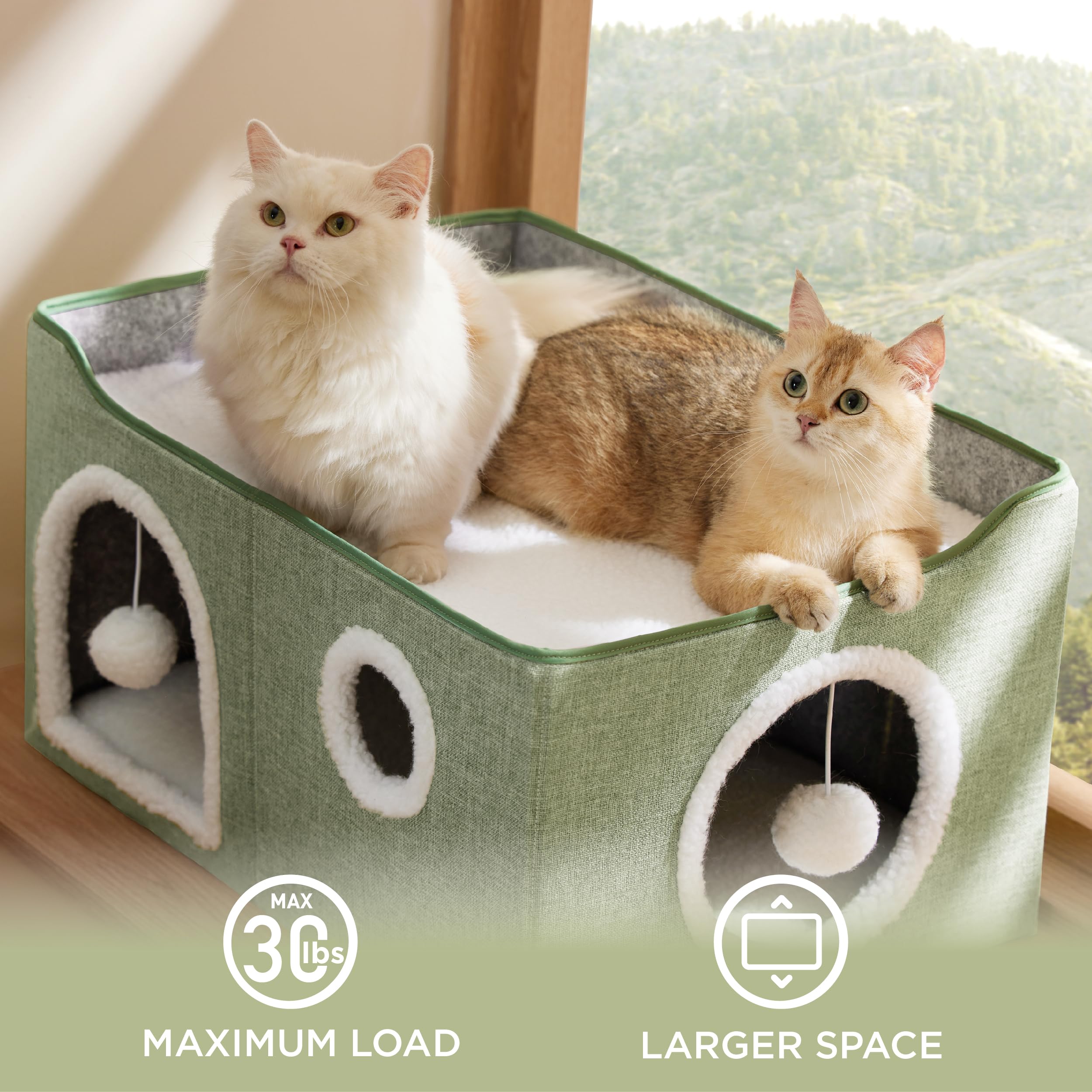 Bedsure Cat Beds for Indoor Cats - Large Cat Cave for Pet Cat House with Fluffy Ball Hanging and Scratch Pad, Foldable Cat Hideaway, 16.5x16.5x13 inches, Grey Gronata