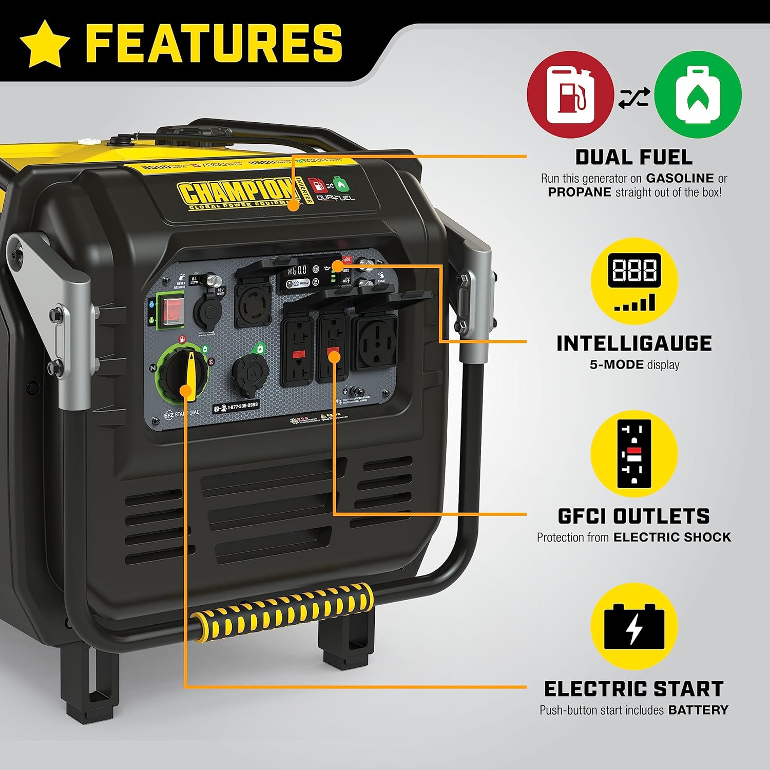 Champion Power Equipment 8500-Watt Electric Start Dual Fuel Home Backup Portable Inverter Generator with Quiet Technology and CO Shield Gronata