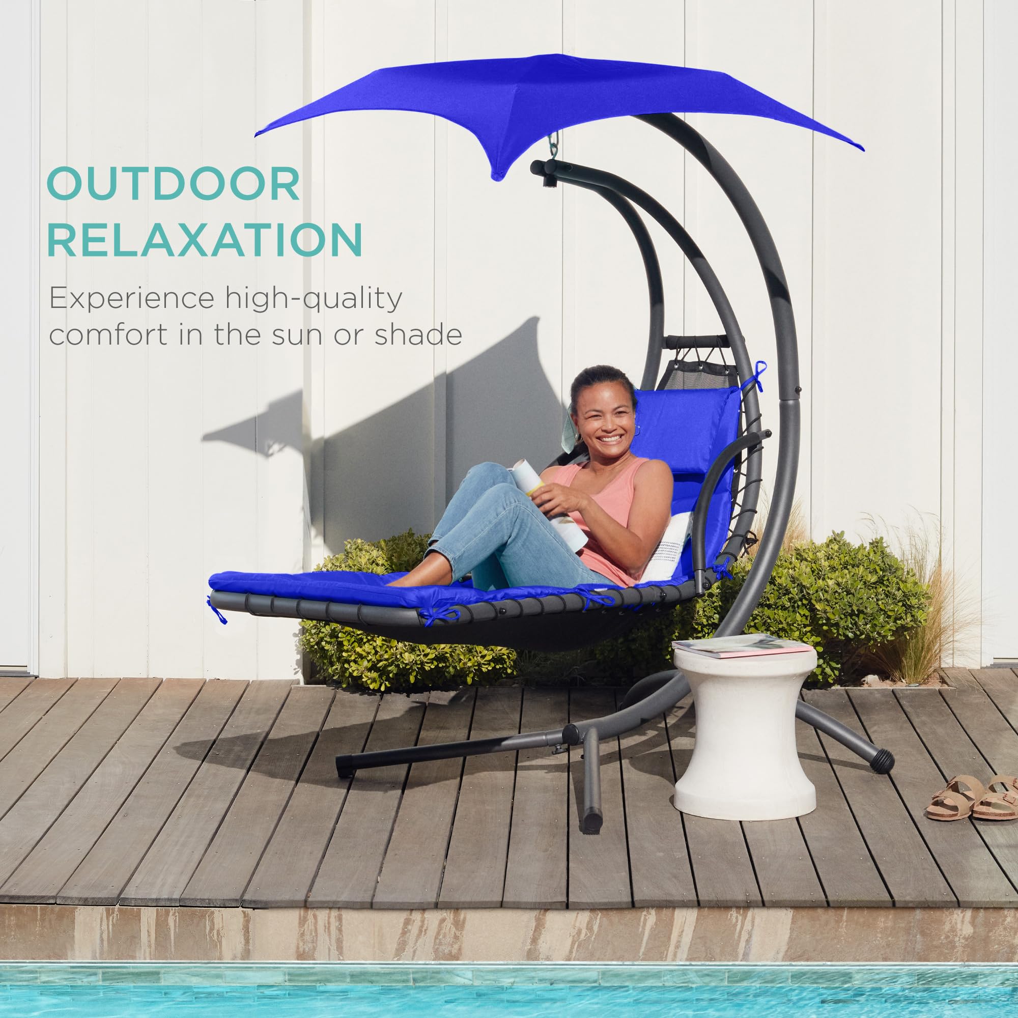 Best Choice Products Outdoor Hanging Curved Steel Chaise Lounge Chair Swing w/Built-in Pillow and Removable Canopy - Navy Blue Gronata