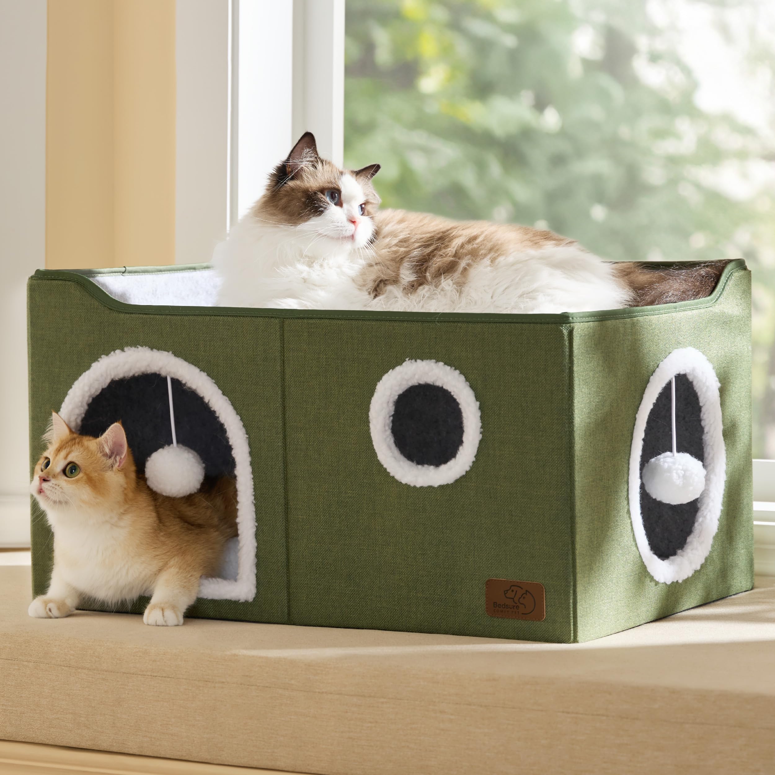 Bedsure Cat Beds for Indoor Cats - Large Cat Cave for Pet Cat House with Fluffy Ball Hanging and Scratch Pad, Foldable Cat Hideaway, 16.5x16.5x13 inches, Grey Gronata