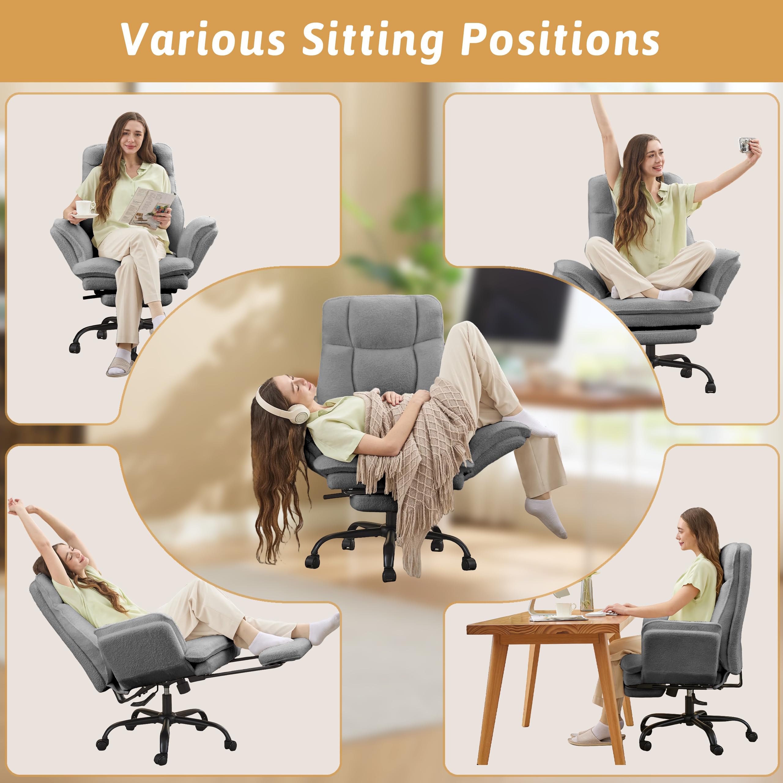 Office Chair,Big and Tall Heavy-Duty Executive Reclining Computer Gaming Chair with Footrest,Flip Armrests,Lumbar Pillow&Thicken Wider Seat for Criss Cross Legged Desk Vanity Chair,Teddy Fabric White Gronata