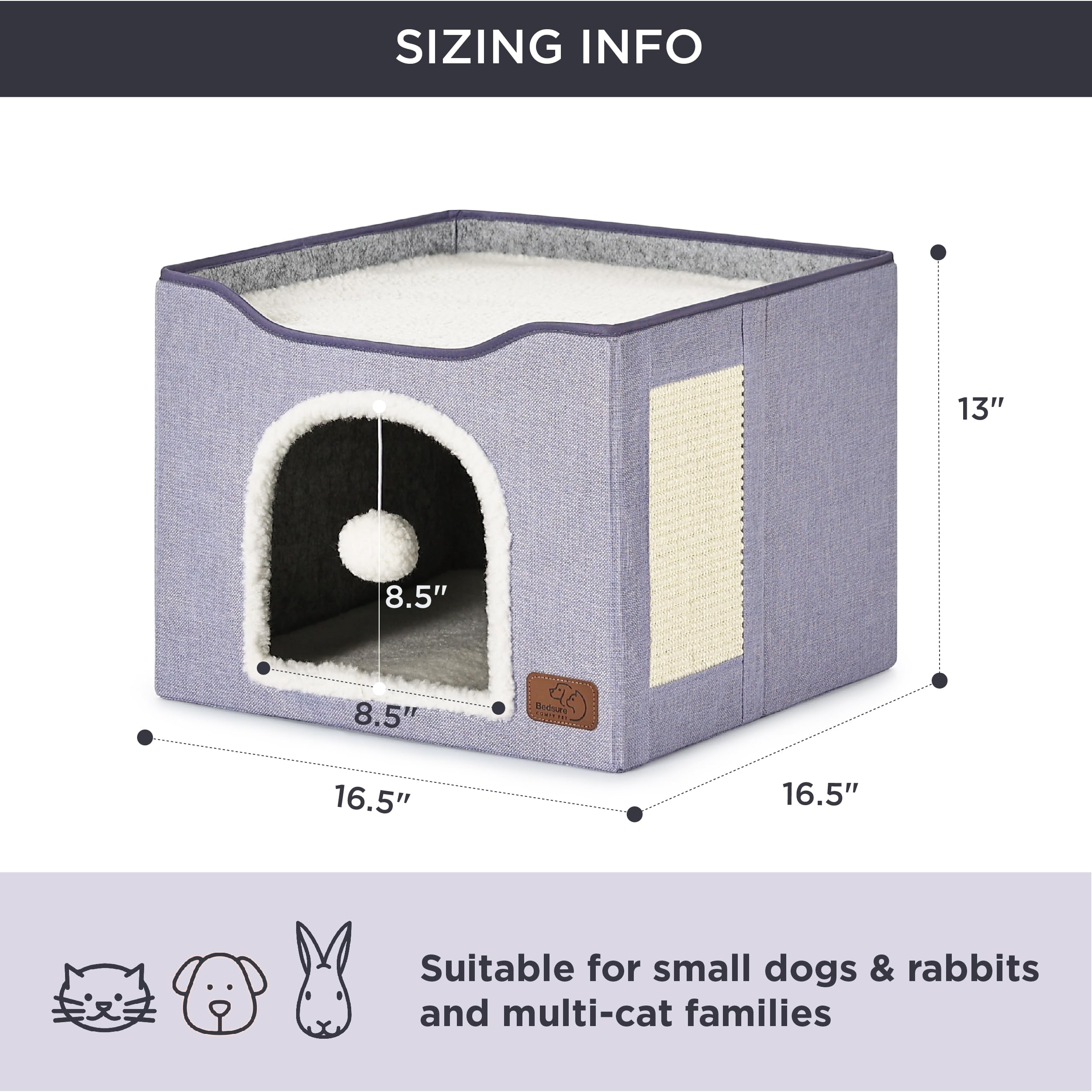 Bedsure Cat Beds for Indoor Cats - Large Cat Cave for Pet Cat House with Fluffy Ball Hanging and Scratch Pad, Foldable Cat Hideaway, 16.5x16.5x13 inches, Grey Gronata