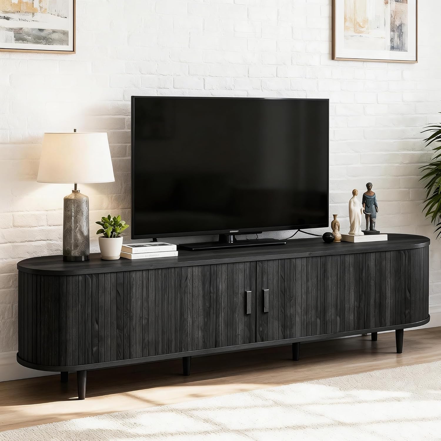 OneBlis 70" Mid Century Modern TV Stand, Wood TV Consoles with Sliding Doors and Power Outlet, Entertainment Center with Adjustable Shelves, Fluted TV Stands for Living Room, Walnut Gronata